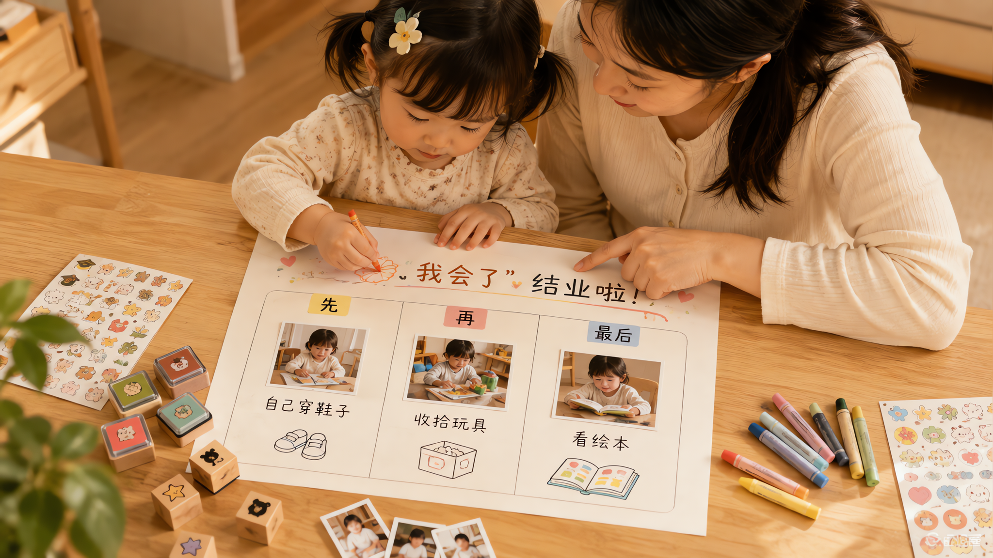 一张三格结业纸，教1-3岁说清楚一天