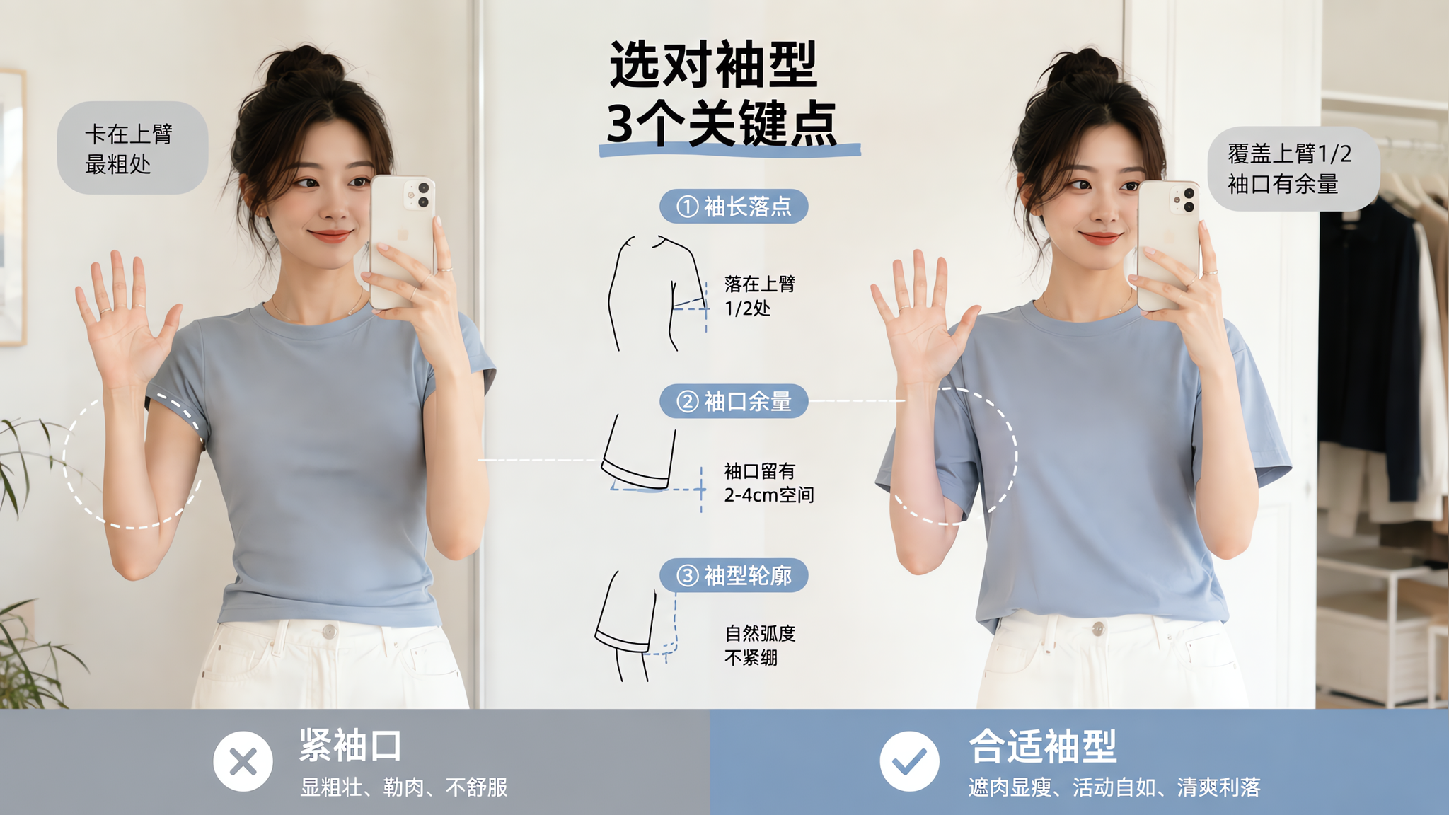 大臂显粗多半怪袖子：3个公式挑对短袖