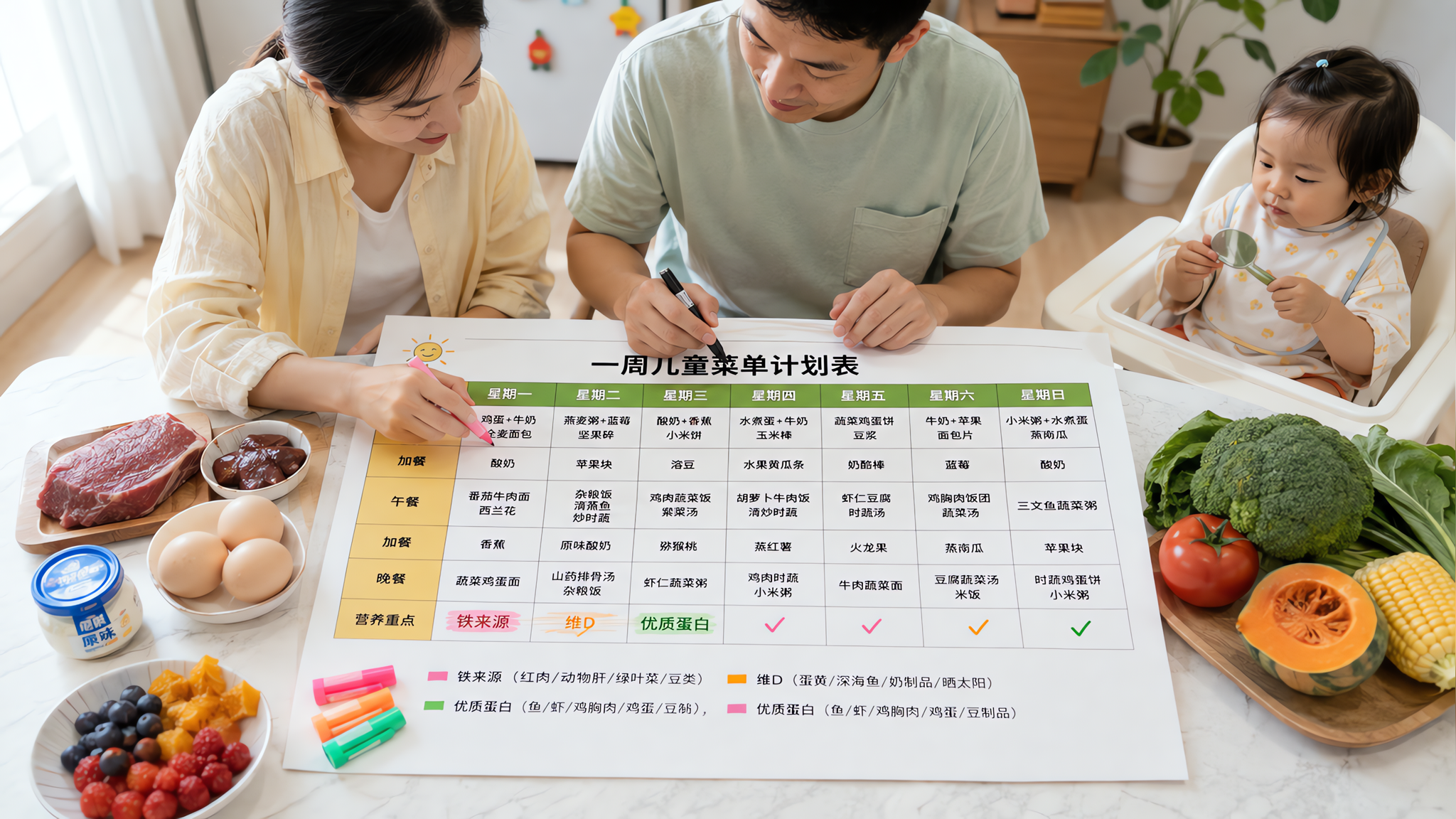 中国年轻父母在家中餐桌旁制作一周儿童菜单表格，桌面有印好的周计划表，三色荧光笔分别标注“铁来源、维D