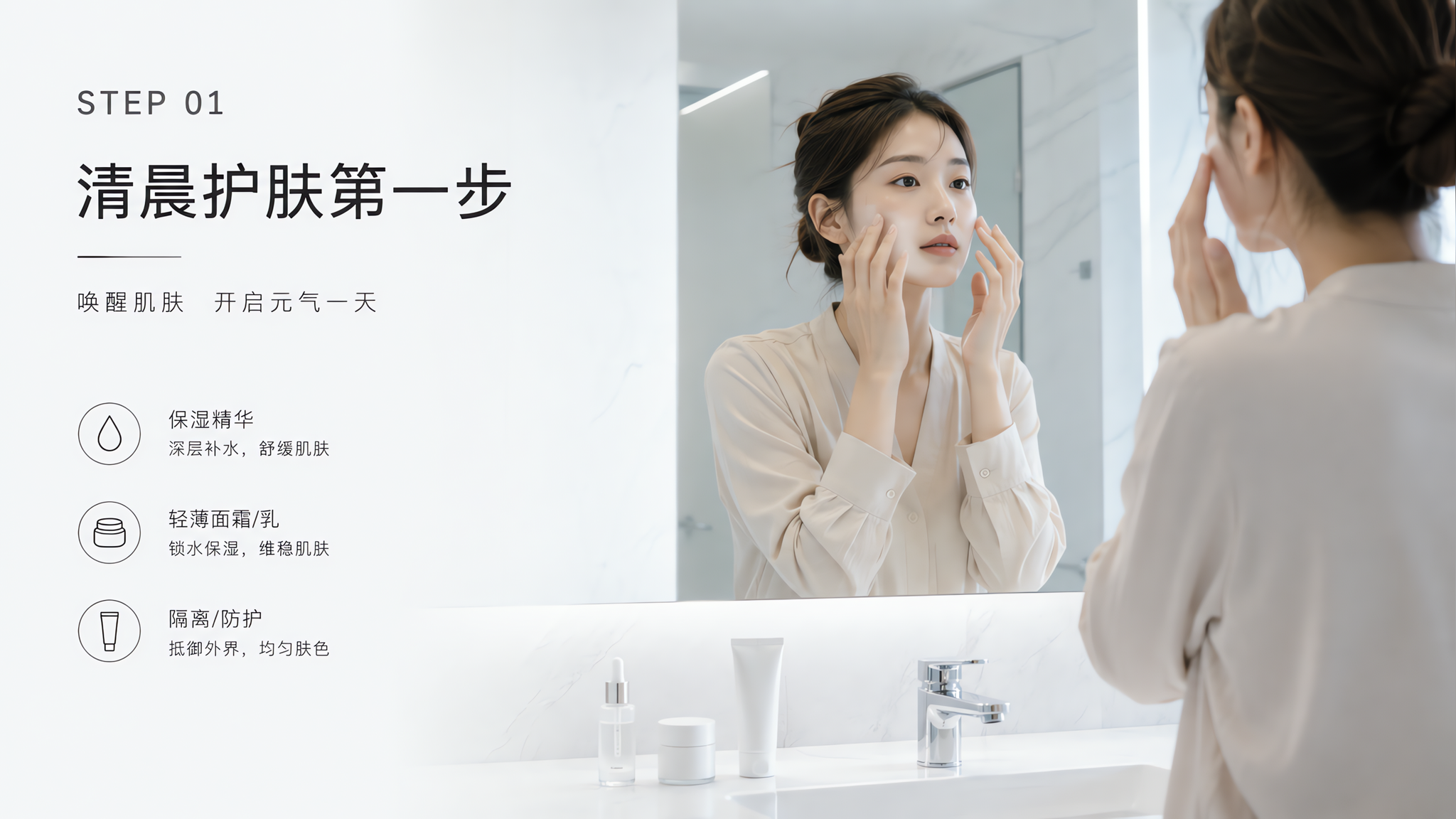 中国年轻女性上班通勤场景,清冷极简风格的卫生间洗手台前,她对着镜子按压涂抹面部护肤品,台面摆放三样极