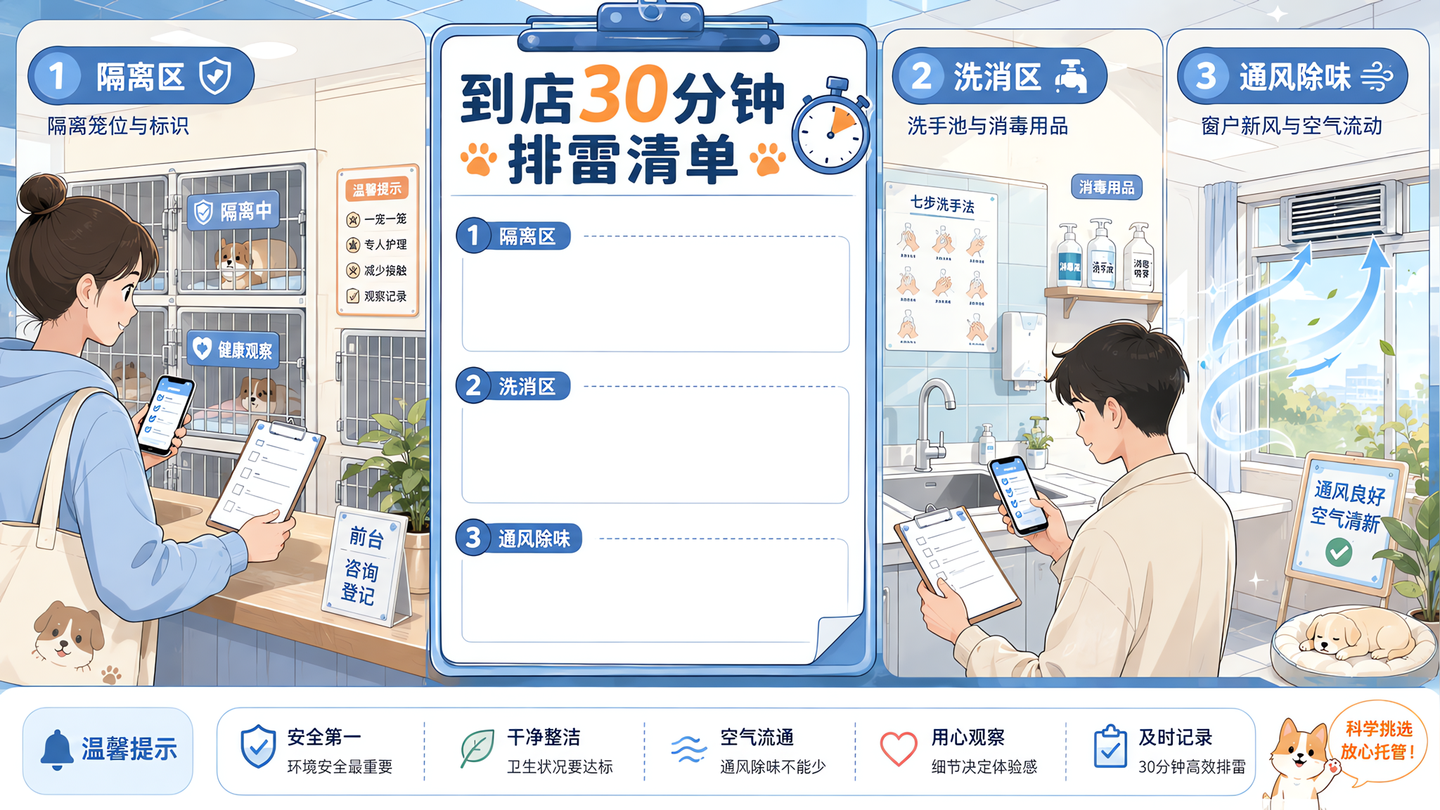 生动漫画风信息卡场景,中国年轻宠物主人(男女皆可)站在宠物托管店前台,手拿手机和清单在“隔离区/洗消