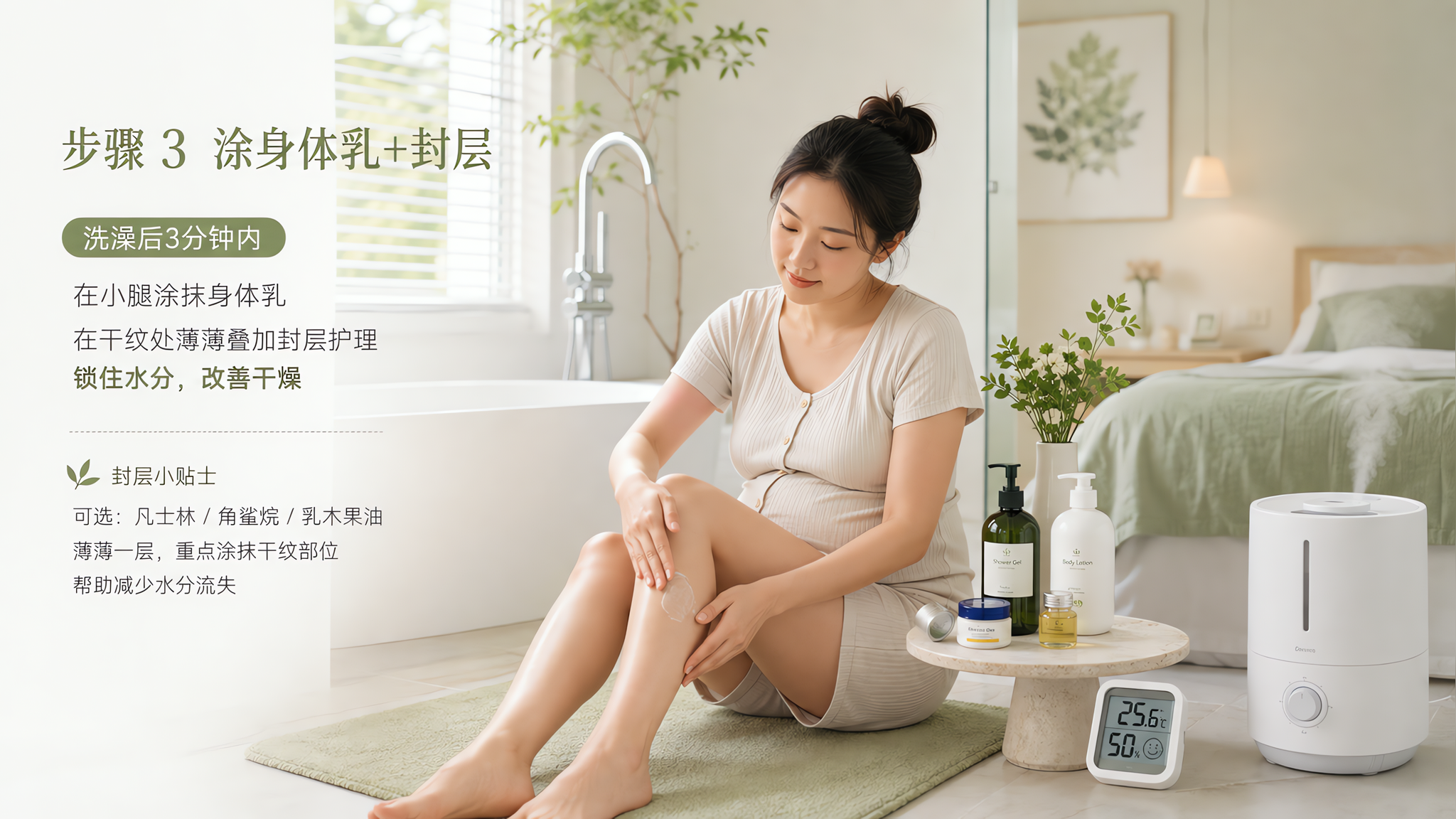 中国孕妇在夏季明亮浴室与卧室结合的生活方式场景,中景构图,人物穿着舒适棉质家居服,动作是洗澡后3分钟