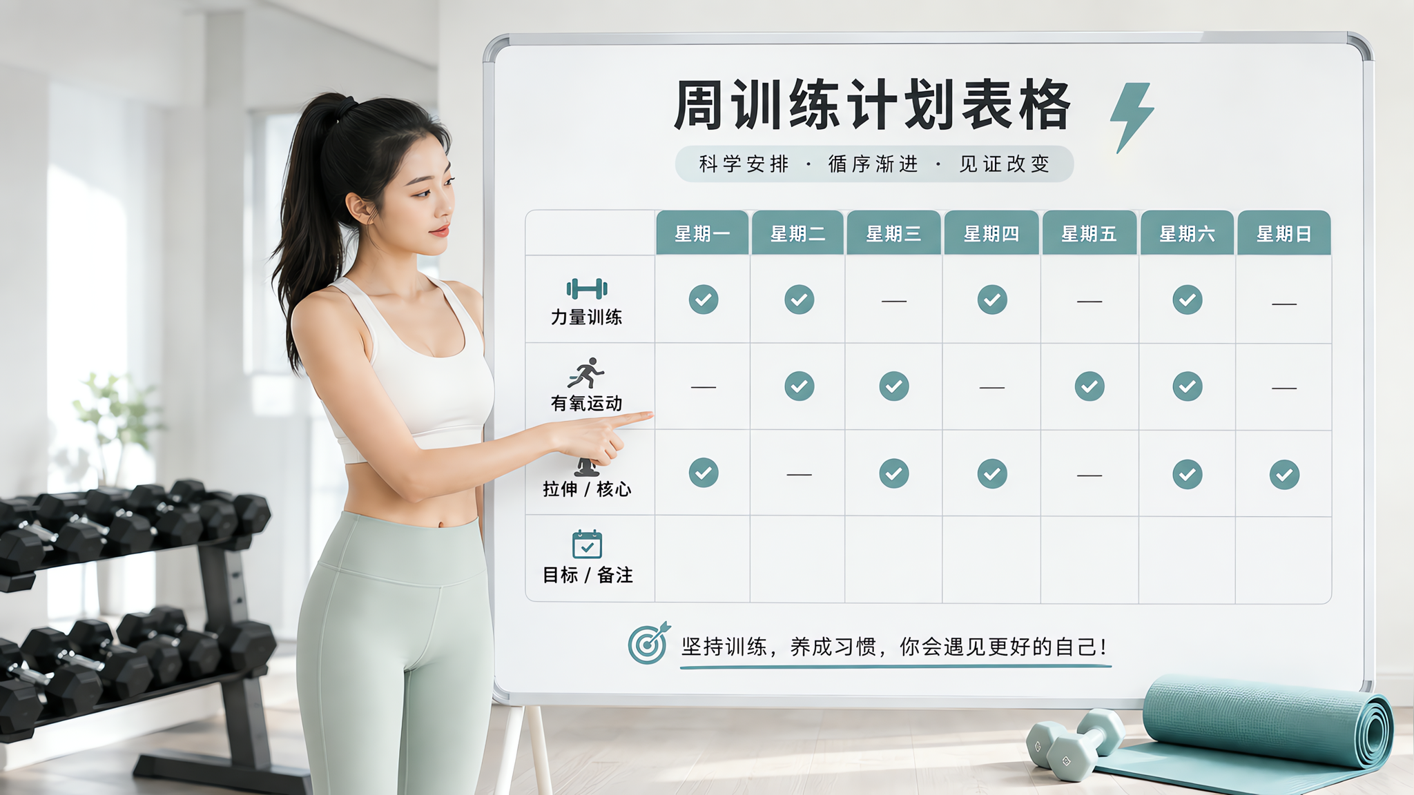明亮干净的室内健身房场景,一位中国年轻女性穿着简洁运动装,站在白板或平板前用手指指向“周训练计划表格