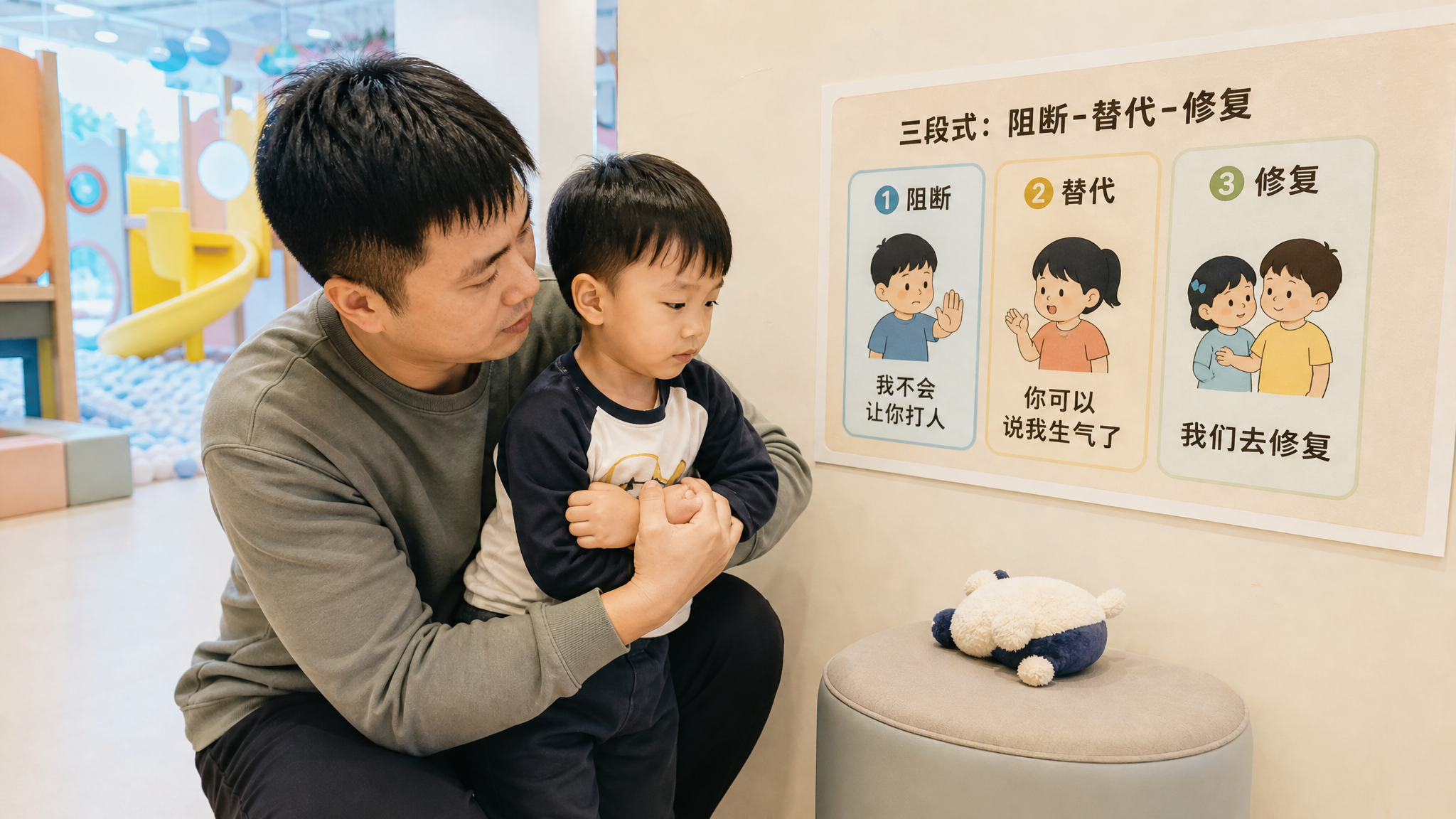 中国室内亲子场景，在儿童游乐区旁的安静角落，一位中国年轻爸爸半蹲抱住一名中国3-5岁幼儿，爸爸用温和