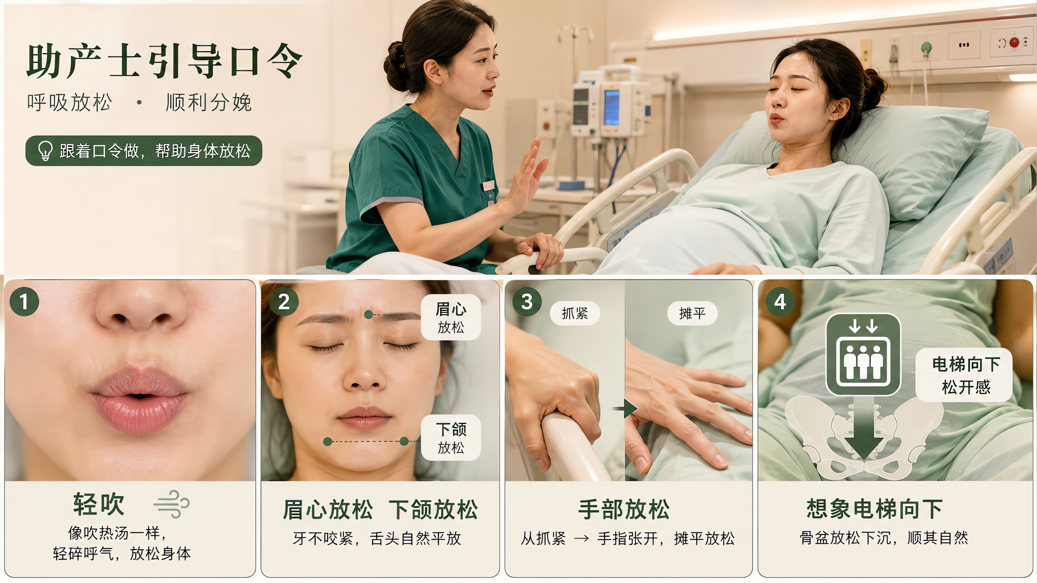 助产士喊“轻吹放松”时，你该做的4个动作