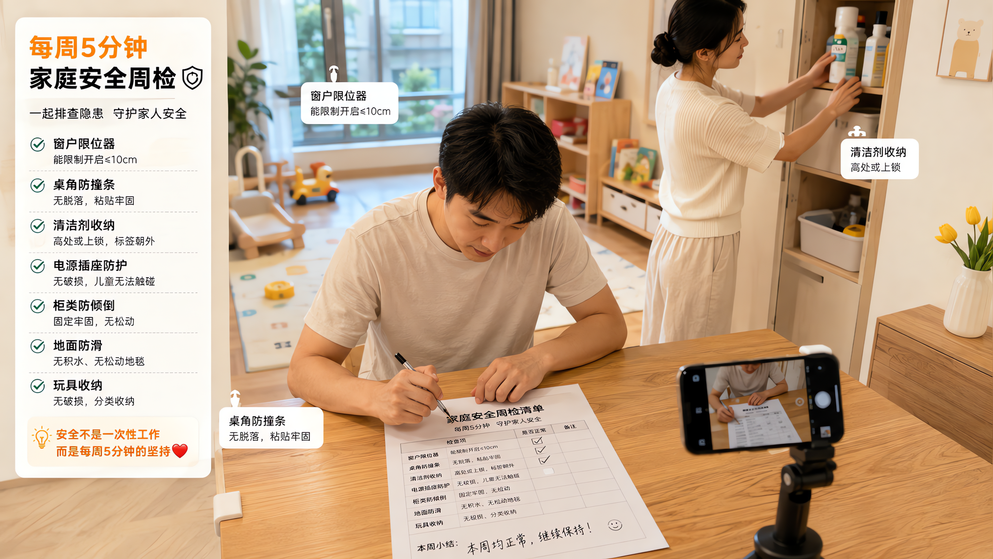 中国年轻爸爸和中国年轻妈妈在家中餐桌旁进行“每周5分钟家庭安全周检”，桌面放着一张A4打印的周检清单