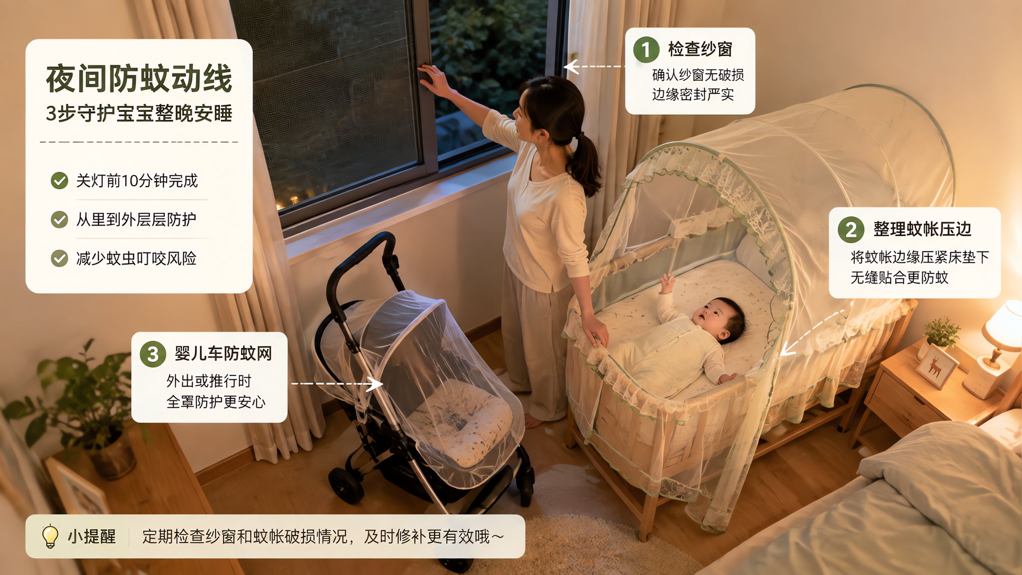 4-6个月夜里开窗防蚊：物理优先清单+叮后处理流程
