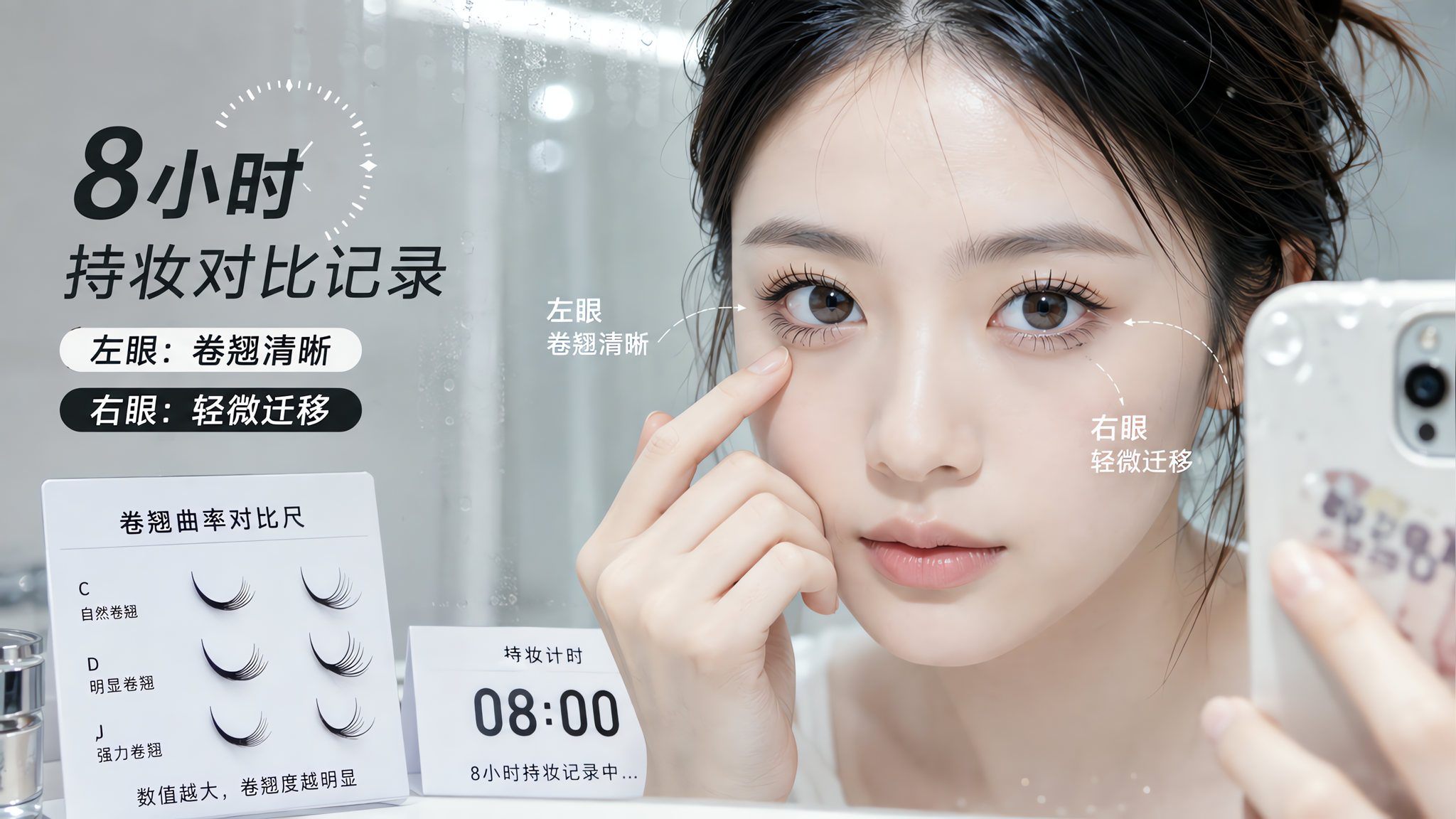 中国年轻女性在明亮的卫生间镜前做睫毛膏8小时持妆对比记录,画面分为左右眼对照:左眼睫毛卷翘清晰、右眼