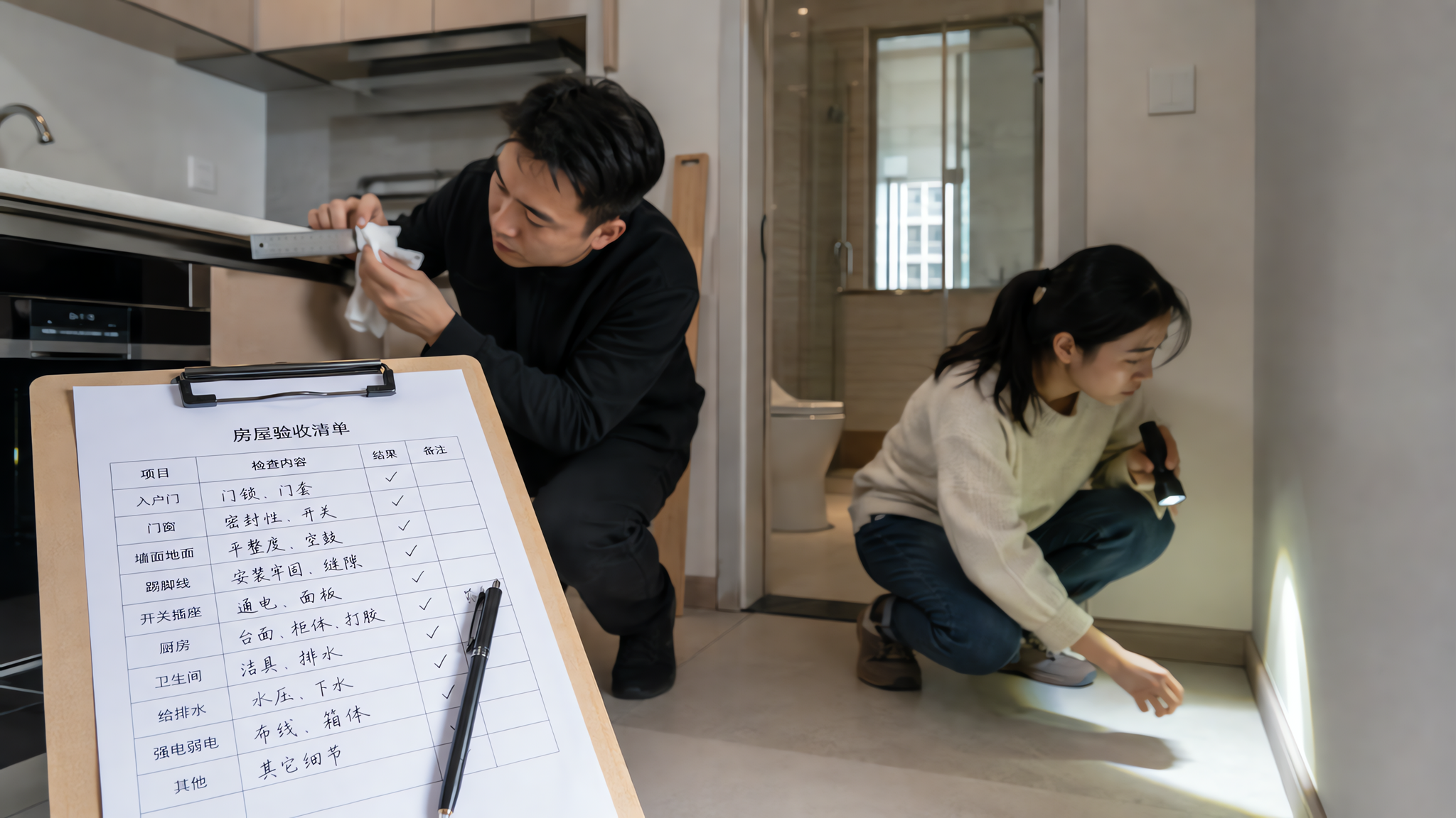 中国年轻夫妻在新交付的精装房内进行验房检查,妻子用手电筒侧光照射踢脚线与墙地交界处,丈夫手持尺子与纸