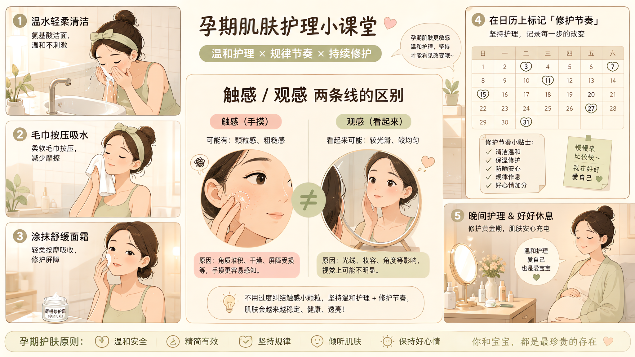 多格分镜漫画风格插画,场景为中国家庭浴室与卧室梳妆台的日常护理;人物为中国孕期年轻女性,表情温和放松