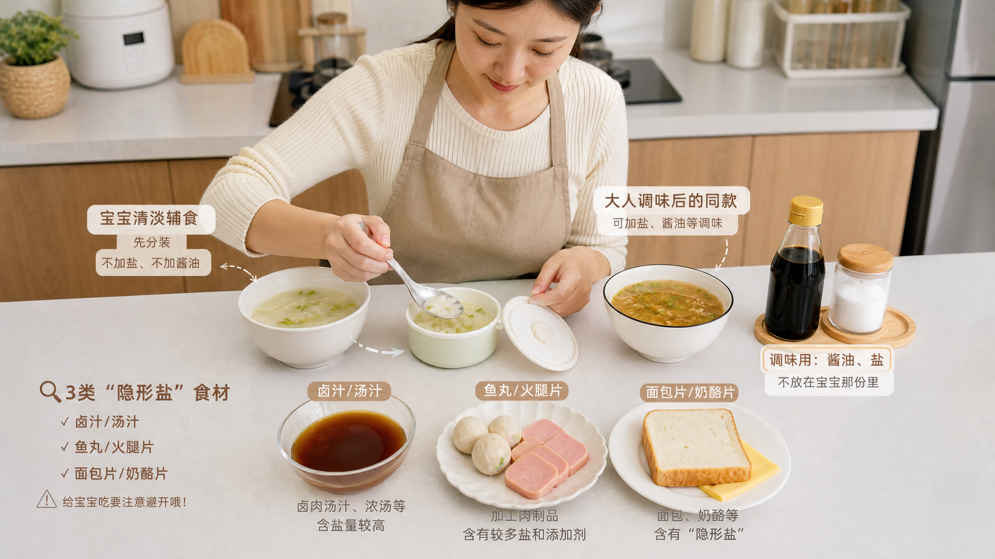 中国年轻妈妈在家庭厨房台面上进行“宝宝辅食先分装再调味”的操作演示，画面中有两份食物：一份宝宝清淡辅