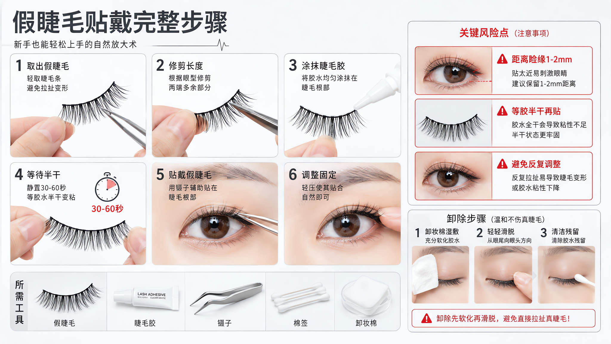 中国女性的手部近景特写,在干净明亮的白色桌面上进行假睫毛贴戴演示,主体为假睫毛条与睫毛胶、镊子、棉签