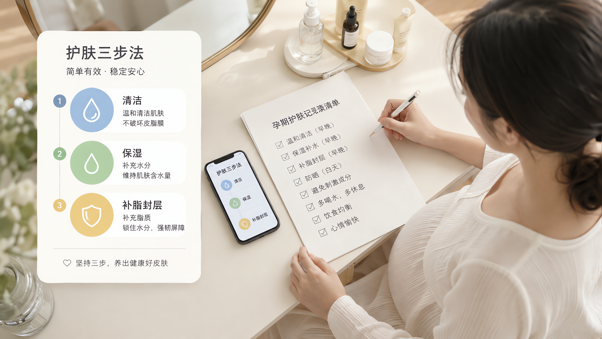 中国年轻孕妈坐在明亮整洁的卧室梳妆台前,桌面摆放少量护肤品,孕妈用笔在纸质清单上打勾记录,旁边手机屏