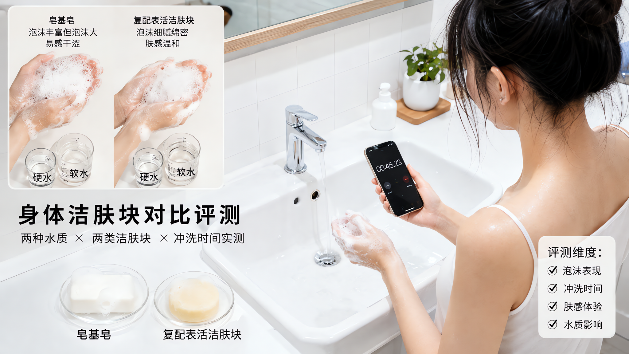 中国年轻女性在浴室洗手台前做身体洁肤块对比评测,台面上整齐摆放两类洁肤块(皂基皂与复配表活洁肤块)和