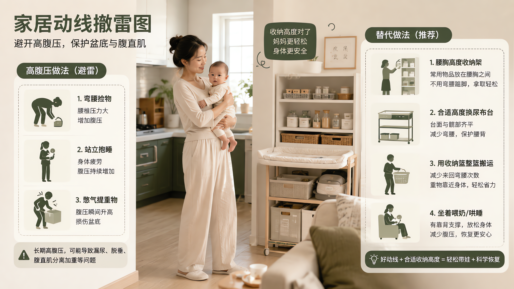 中国年轻妈妈在家中客厅与厨房连接区域,手里抱着中国婴儿,旁边有一张“家居动线撤雷图”示意:左侧展示高