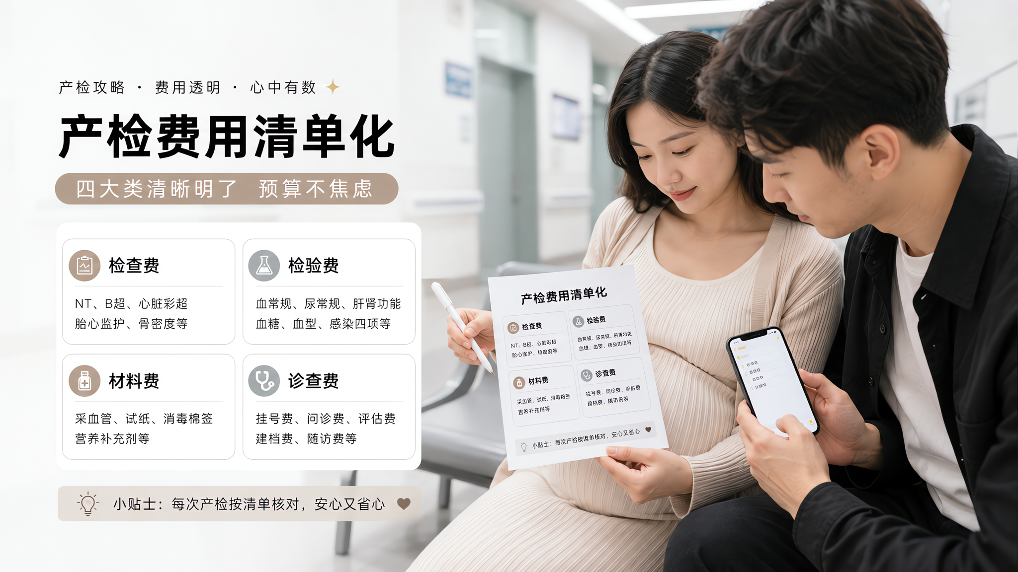 场景为医院门诊走廊旁的等候区,明亮干净;人物为中国年轻孕妈妈坐在长椅上,身旁一位中国年轻爸爸陪同;人