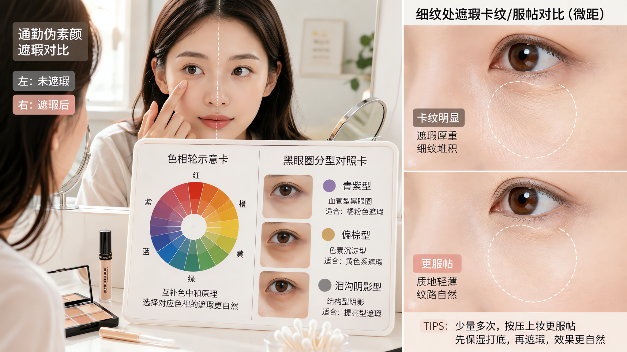 中国年轻女性在明亮自然光的化妆台前,对着镜子做通勤伪素颜遮瑕对比,桌面摆放遮瑕盘与遮瑕膏、棉签与小镜