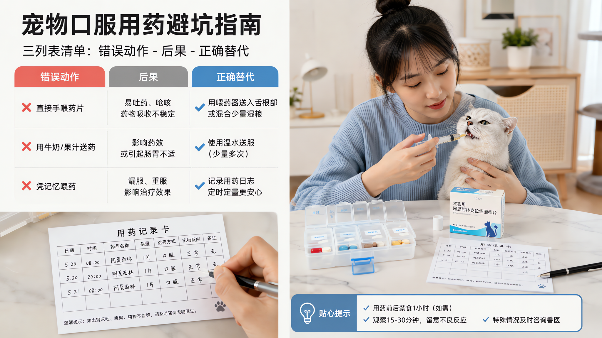 中国年轻宠物主人在家中明亮整洁的餐桌前,给一只猫或小型犬准备口服药并记录用药日志,桌面摆放分装药盒、