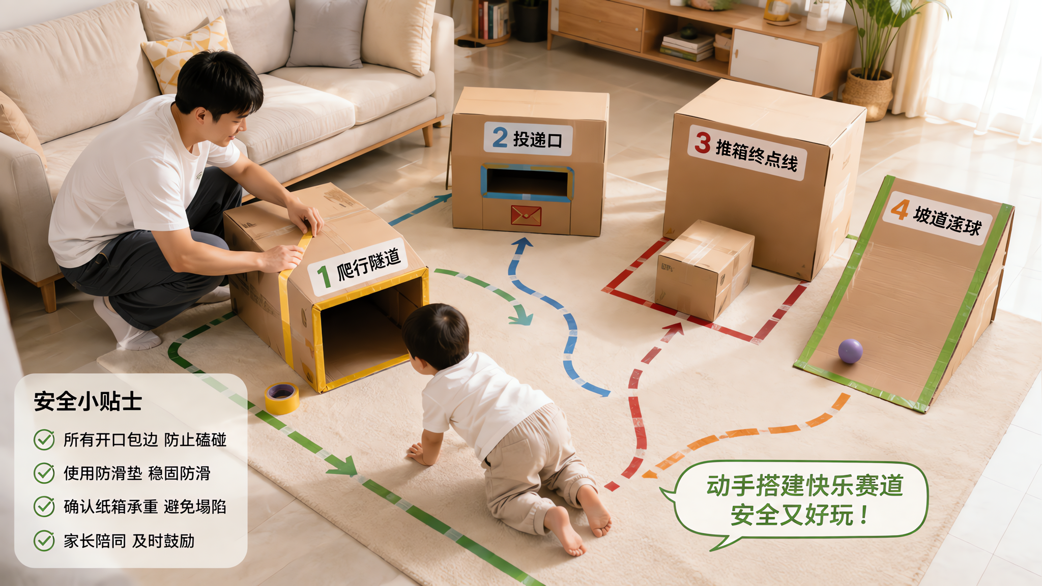 明亮整洁的中国家庭客厅场景，俯拍构图，地面用彩色胶带贴出简单路线图，旁边摆放多个纸箱组成“爬行隧道、