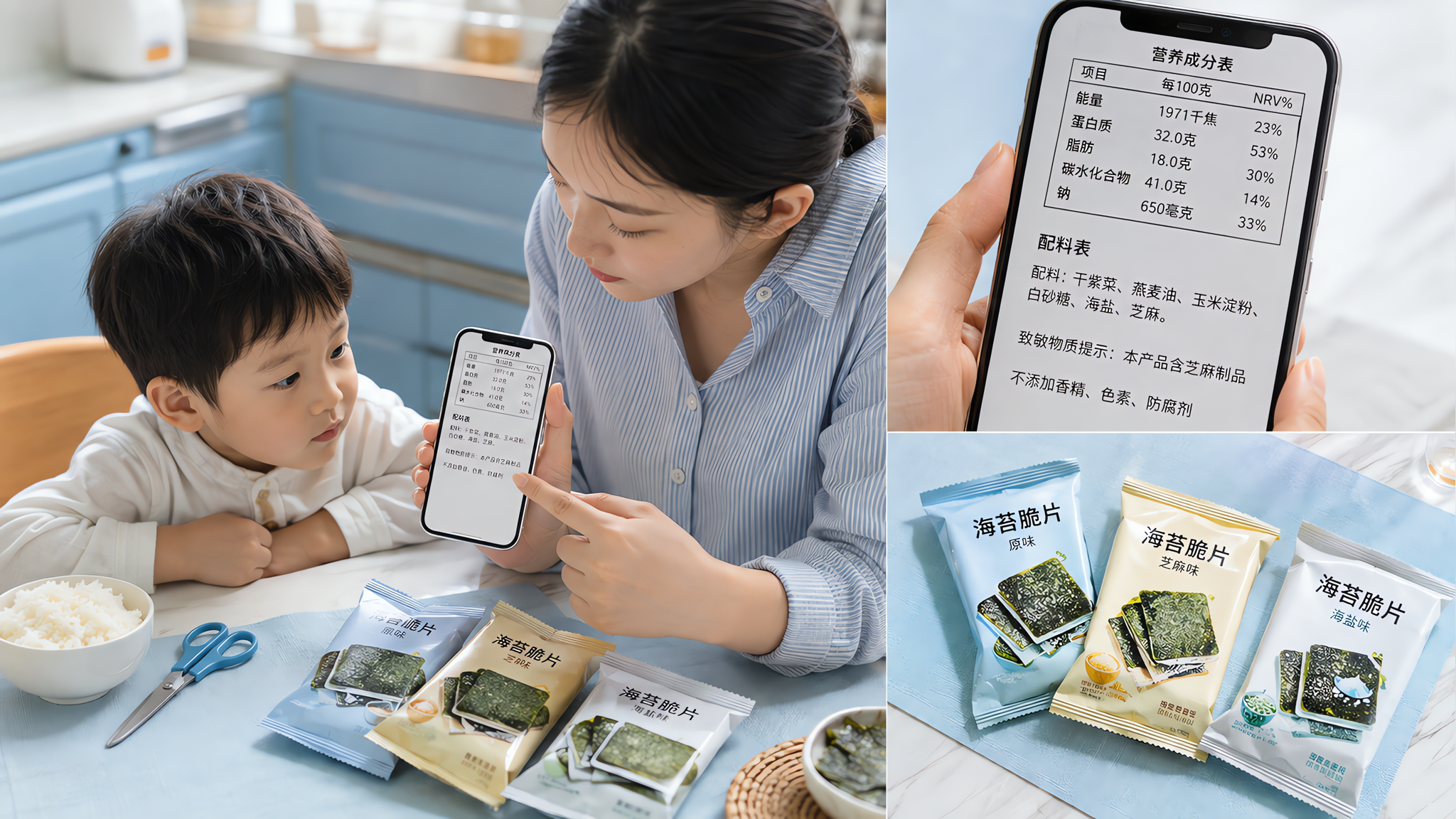中国年轻妈妈在明亮整洁的厨房餐桌旁,正在用手机放大查看一包儿童海苔脆片的营养成分表和配料表,中国学龄