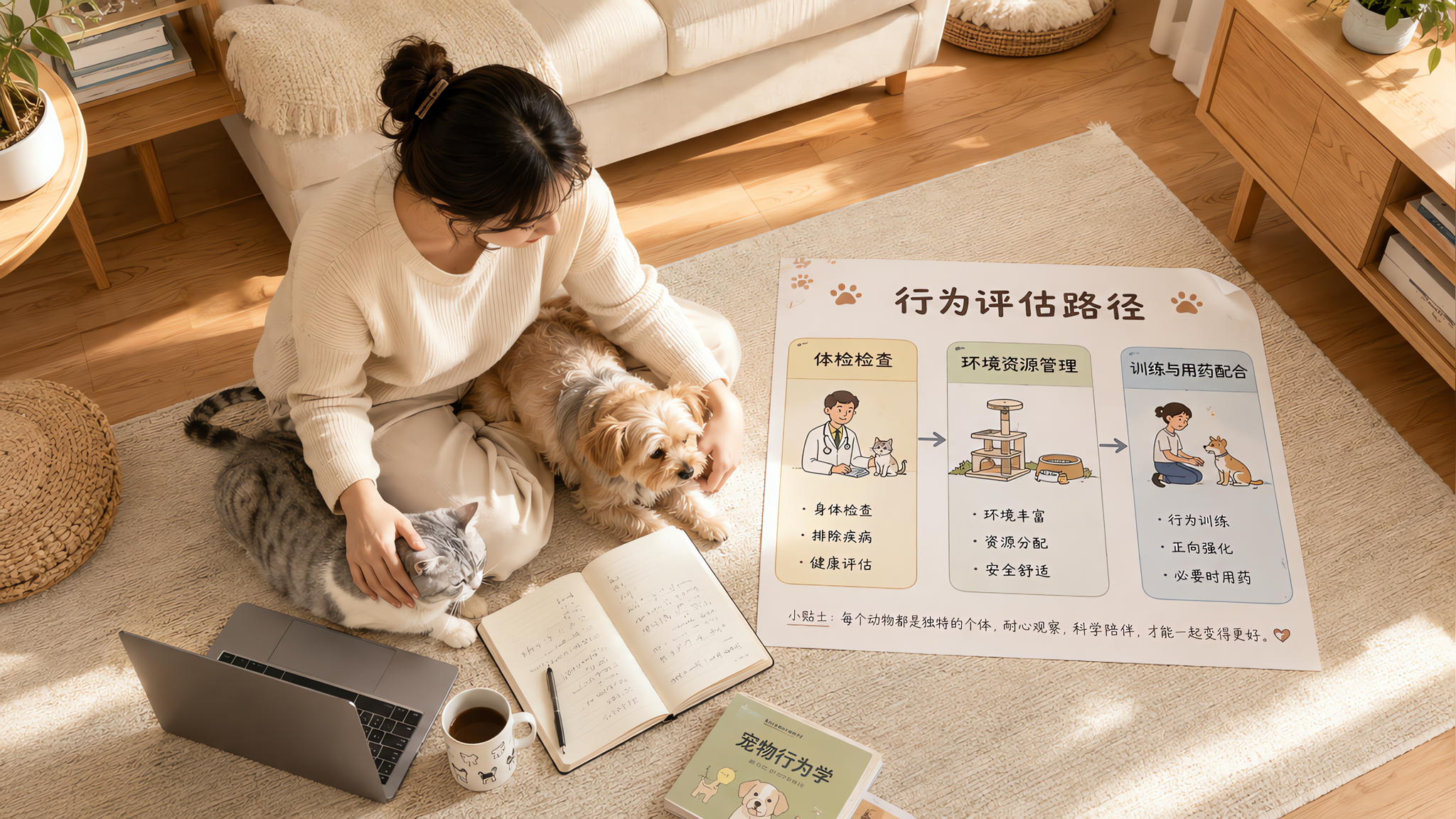 中国年轻宠物主人在家中客厅地毯上,手边放着笔记本电脑和记录本,正在一边安抚一只家猫和一只小型犬,一边
