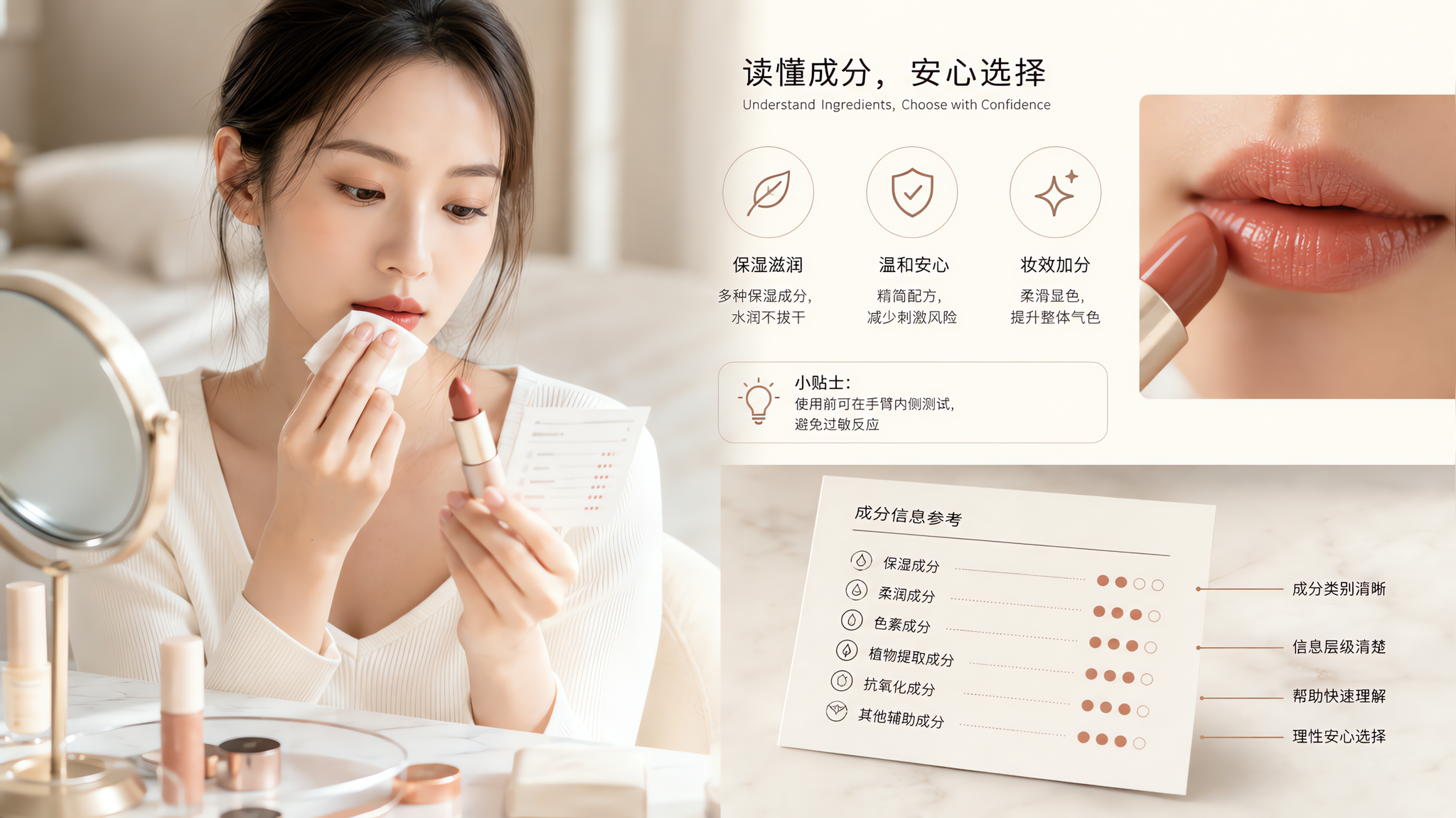中国年轻女性在干净明亮的梳妆台前,手持一支口红和一张成分表小卡片,正在对照阅读成分并用纸巾轻按嘴唇表