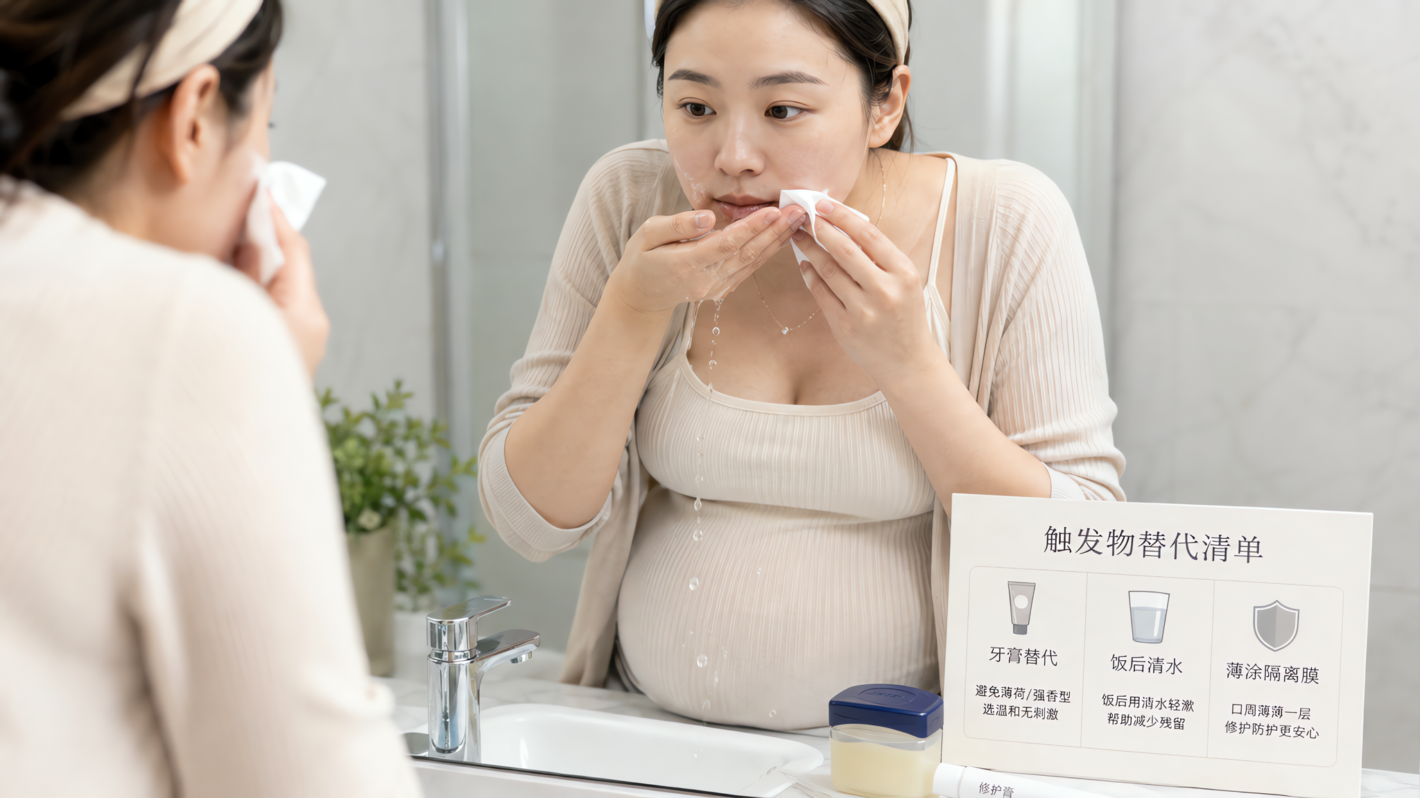 中国孕妈坐在明亮整洁的卫生间洗手台前,镜子前进行口周护理示范,一只手用清水轻轻冲洗口周,另一只手拿柔