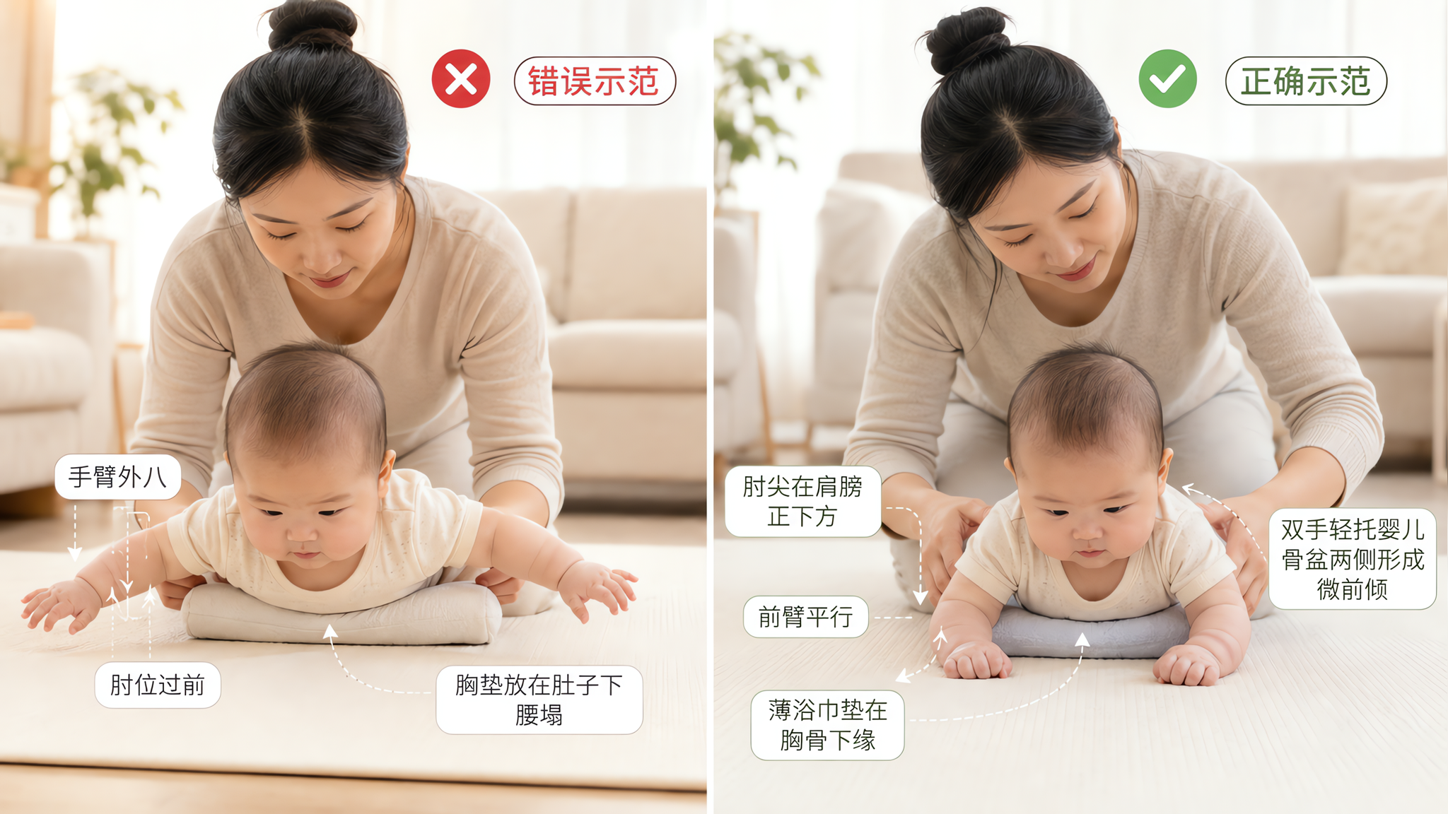 中国年轻妈妈在家中明亮整洁的客厅地垫上指导中国3-7月龄婴儿做俯趴训练，画面分为左右对比构图：左侧为