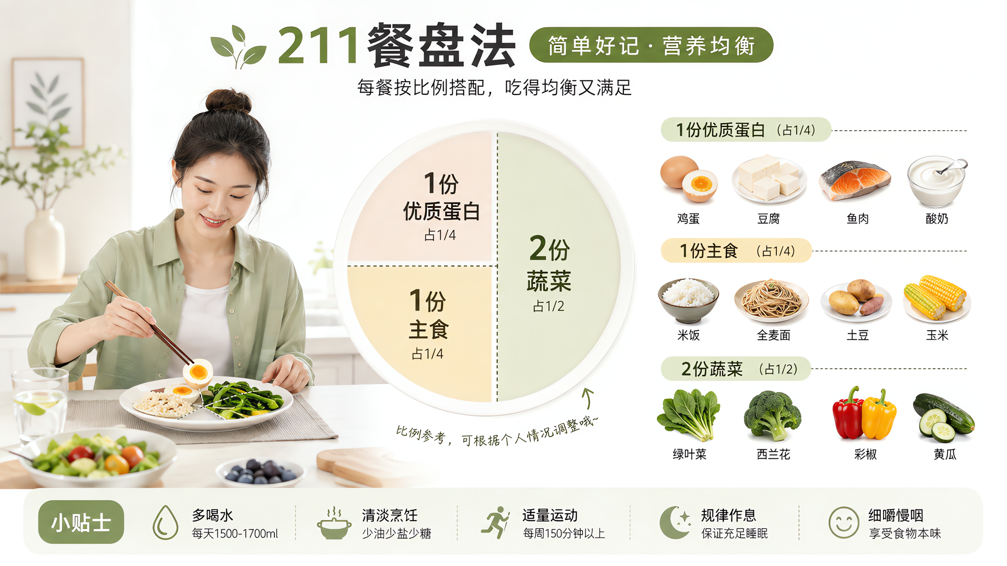 清透白底的信息图风格画面,一张圆形餐盘被分成清晰比例区域,标注“1份优质蛋白、1份主食、2份蔬菜”,