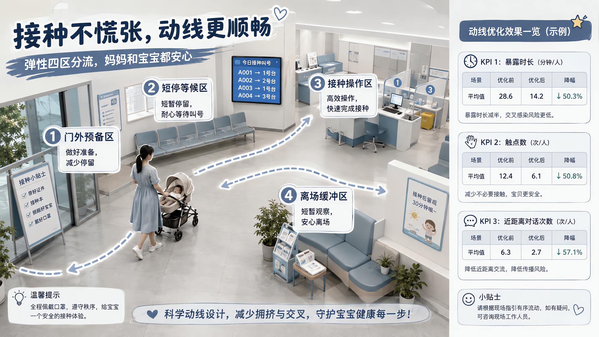 中国接种门诊的室内场景，低饱和莫兰迪蓝灰色调，一位中国年轻妈妈推着婴儿车在门诊内按“弹性四区分流”动