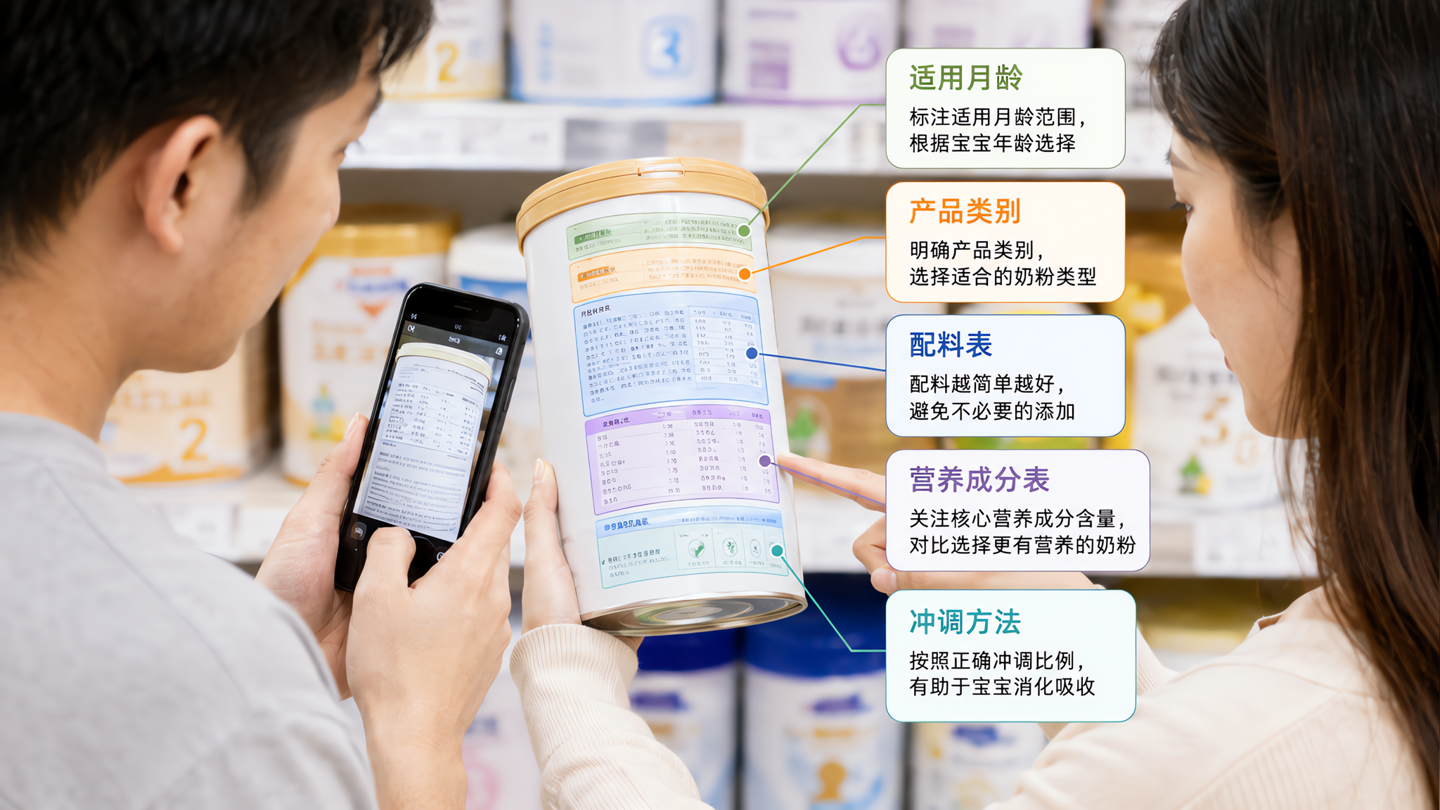 中国年轻父母在超市母婴货架前选购婴幼儿配方乳粉,一人手持无品牌奶粉罐并用手机拍照记录标签,另一人指向
