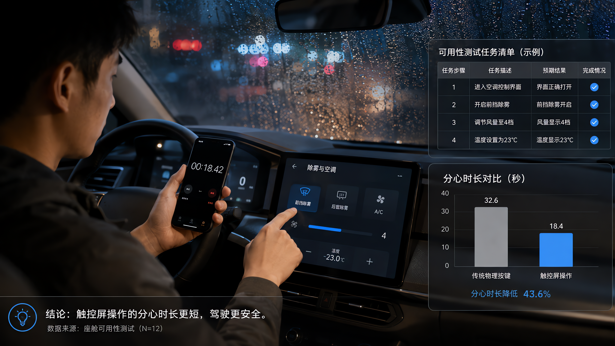 中国城市雨天傍晚的车内场景,一位中国年轻司机在车辆静止状态下进行座舱可用性测试,手持手机秒表计时,另