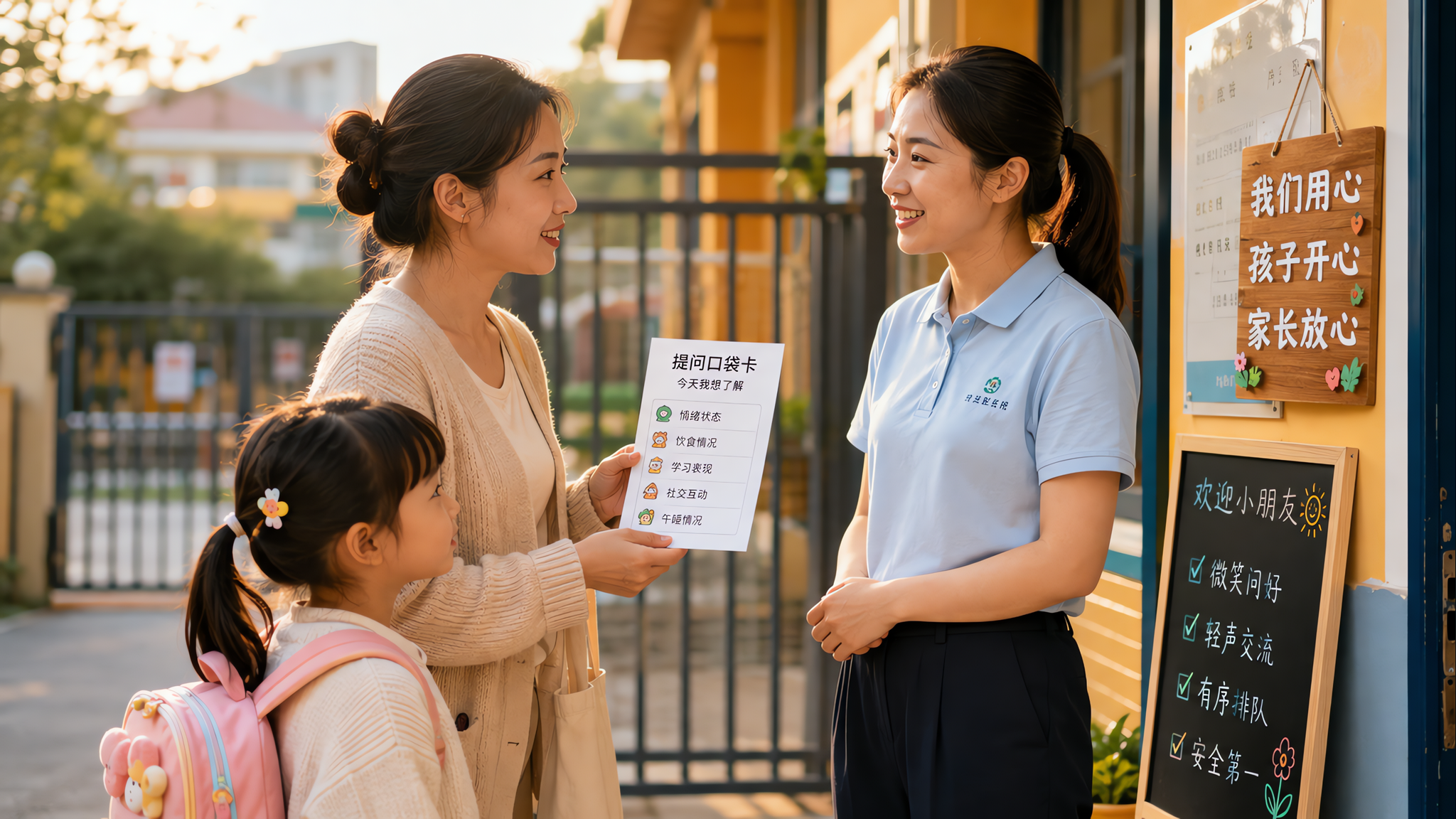 场景为幼儿园门口放学接娃时间，中国年轻妈妈与幼儿园老师在门口简短交流，妈妈手里拿着一张“口袋卡片”提