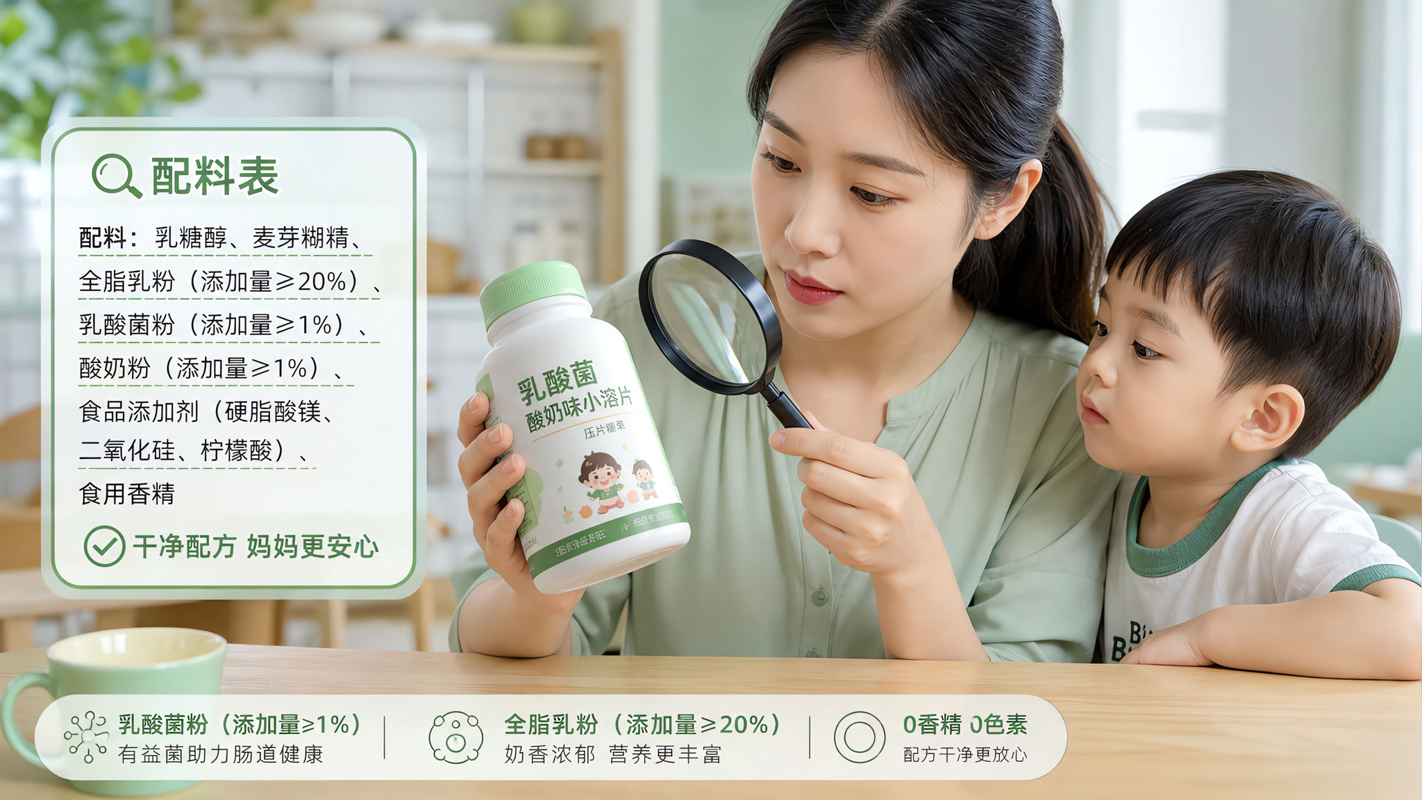 中国年轻妈妈在家中明亮餐桌旁,手持一瓶儿童“乳酸菌/酸奶味小溶片”产品并用放大镜查看配料表文字,中国