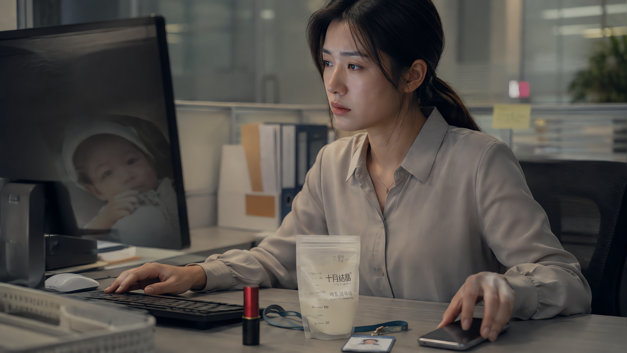 中国年轻职场妈妈在办公室工位，电脑屏幕微暗，屏幕反光中叠着一张宝宝照片的模糊影子；桌面并置一支口红、