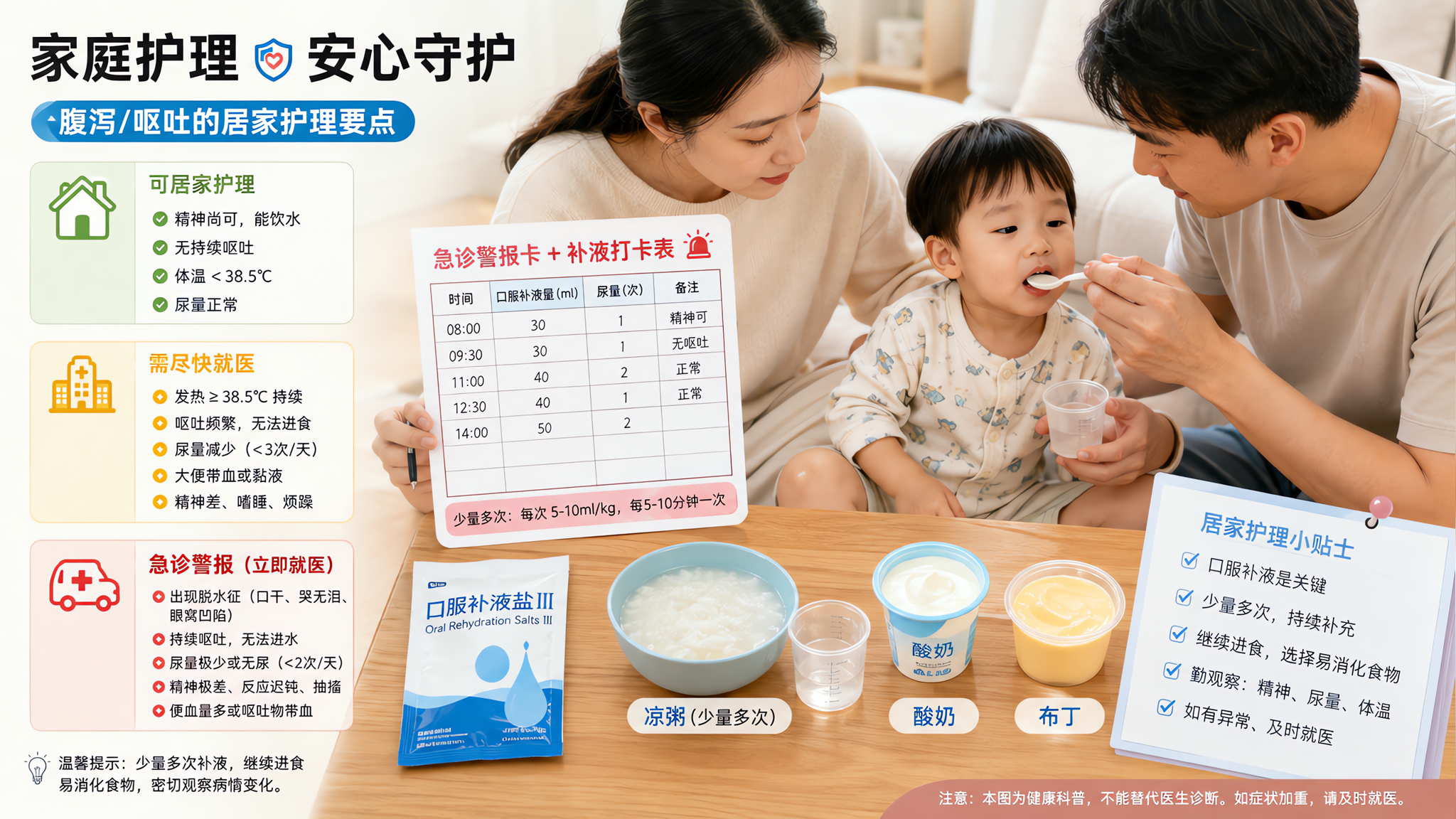 中国年轻父母在家中客厅照顾生病的中国幼儿，妈妈手持一张“急诊警报卡+补液打卡表”在记录时间与尿量，爸