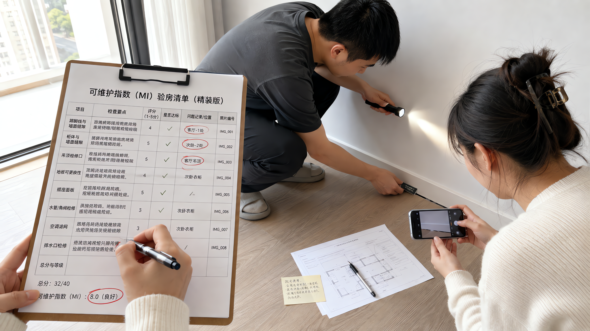 中国年轻夫妻在新交付的精装住宅客厅里进行验房,手里拿着可打印的“可维护指数”清单夹板和笔,另一人用手
