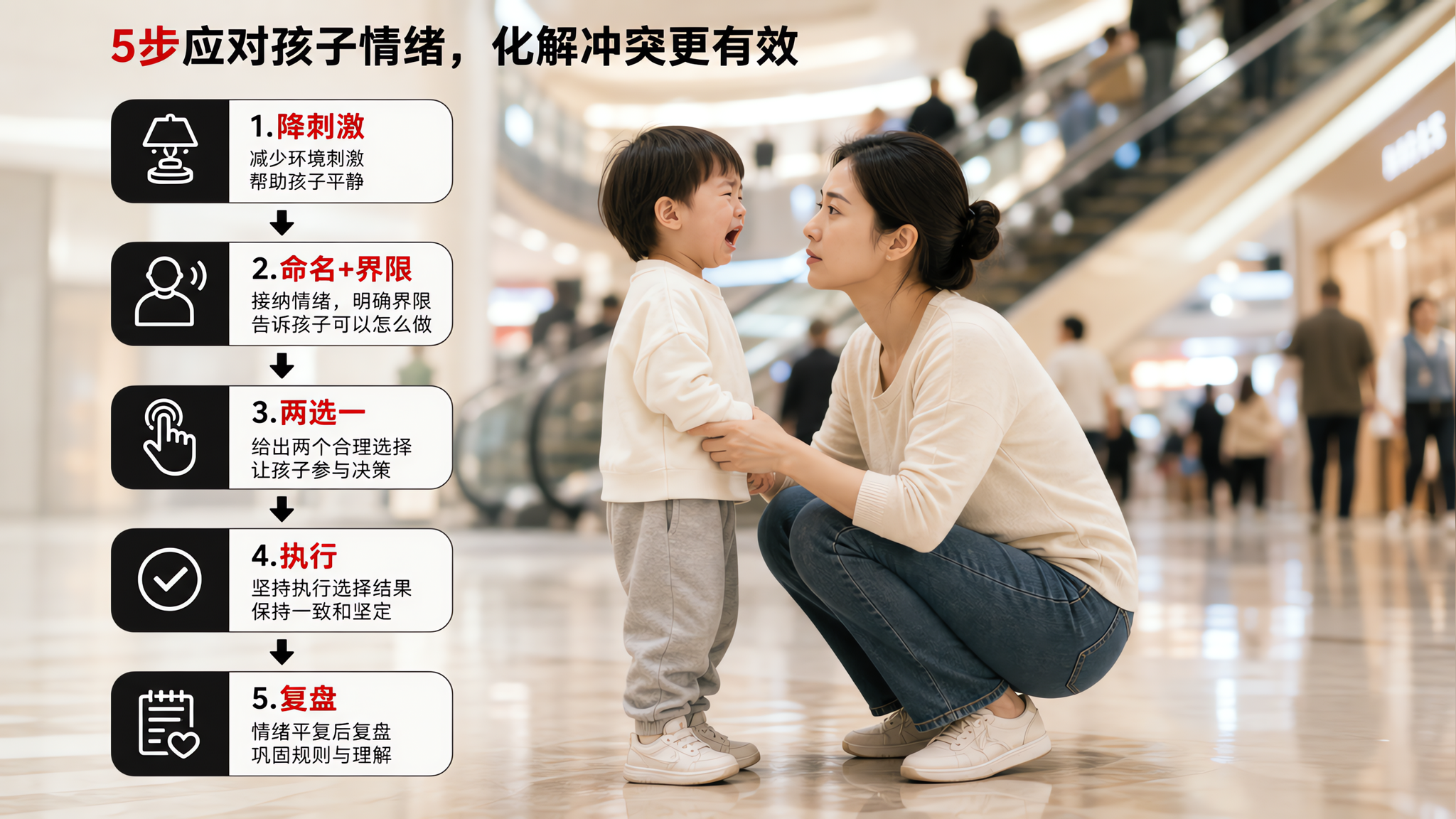 中国年轻妈妈在商场通道边半蹲与中国2-3岁幼儿对话，幼儿情绪激动但妈妈表情平静坚定，画面中用简洁信息