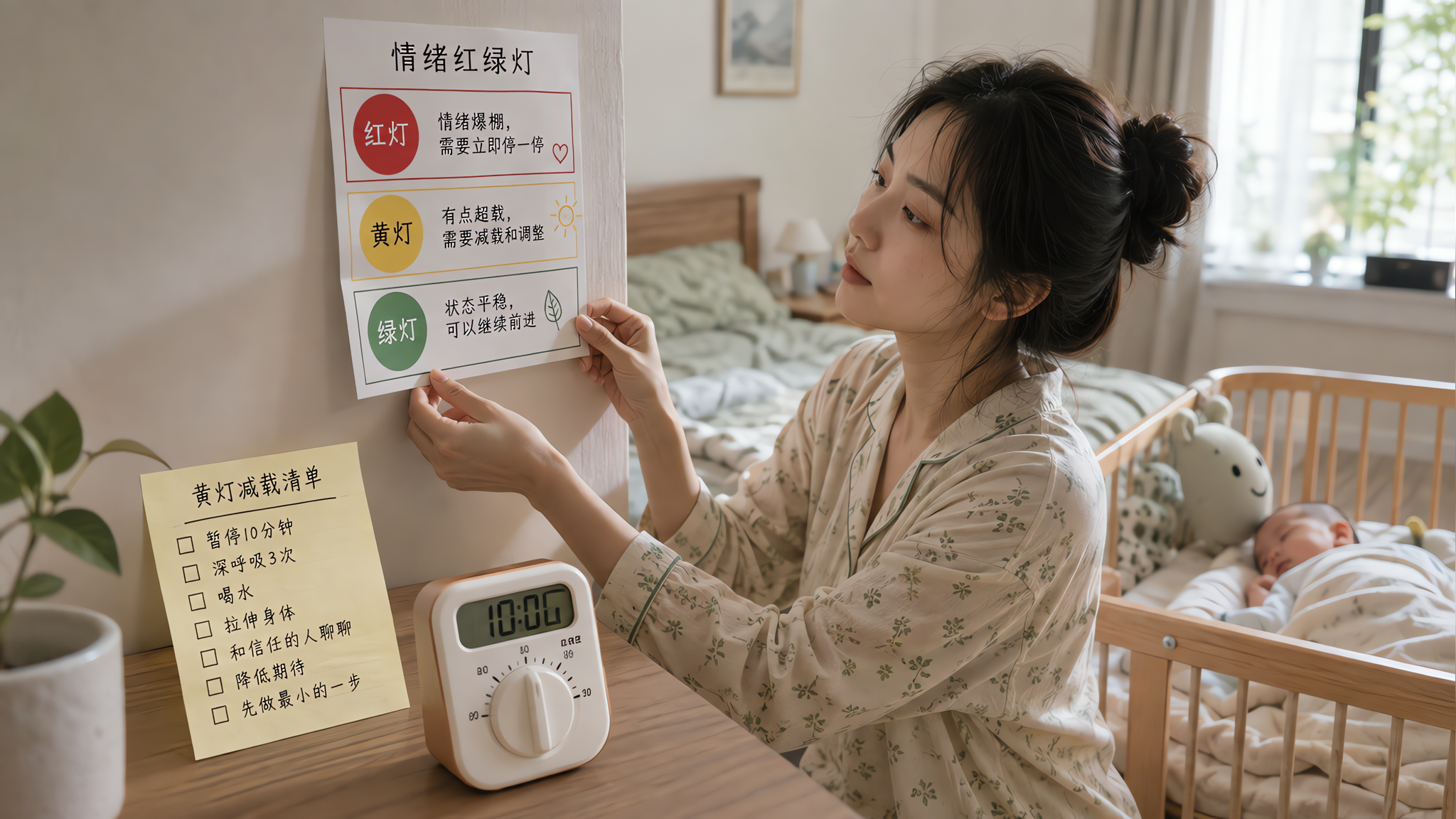 中国年轻妈妈在家中卧室一角,穿着舒适家居服,神情疲惫但平静,手拿一张红黄绿三色“情绪红绿灯”卡片正在