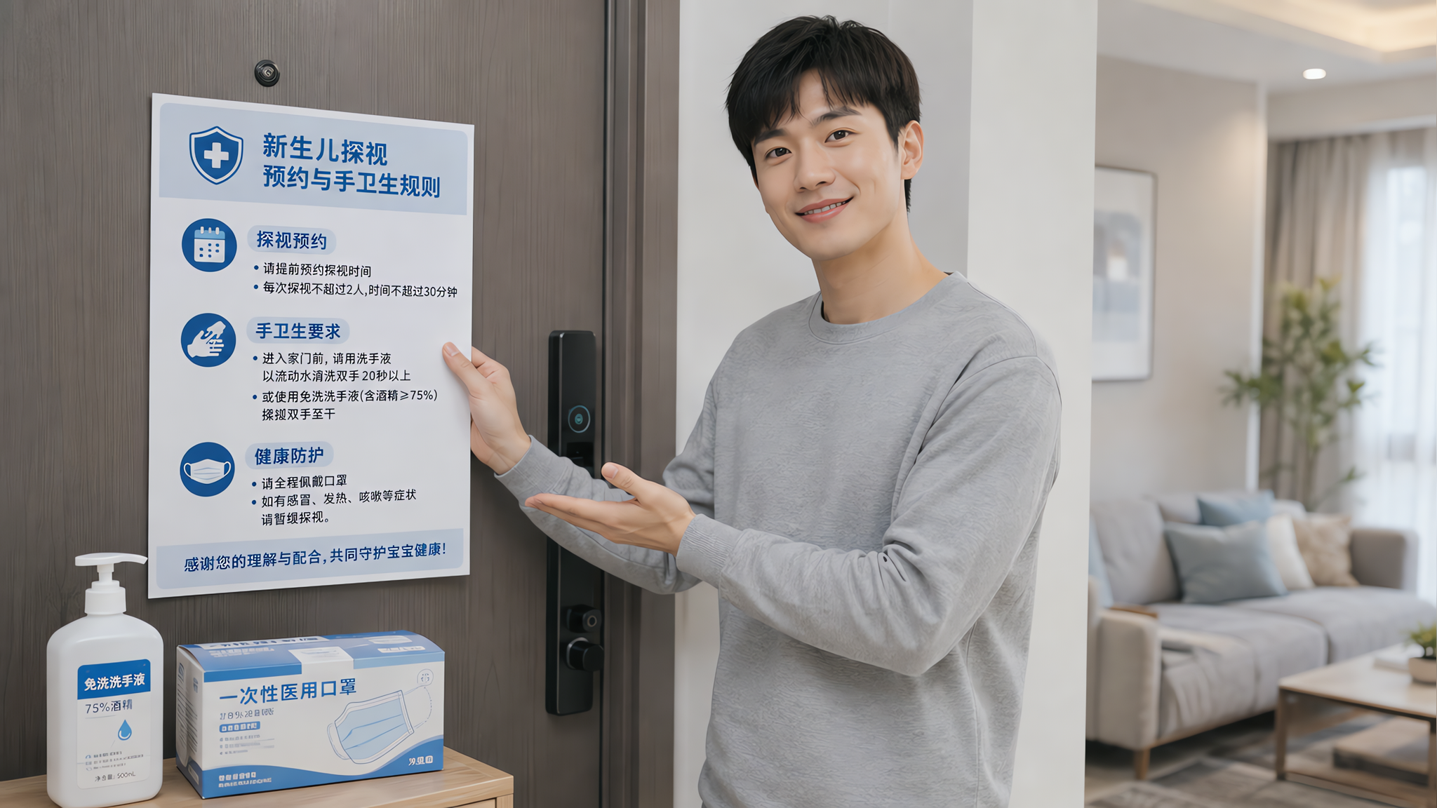 中国年轻爸爸站在家门口玄关处,手里拿着一张“新生儿探视预约与手卫生规则”信息卡张贴在门上,门口放置洗