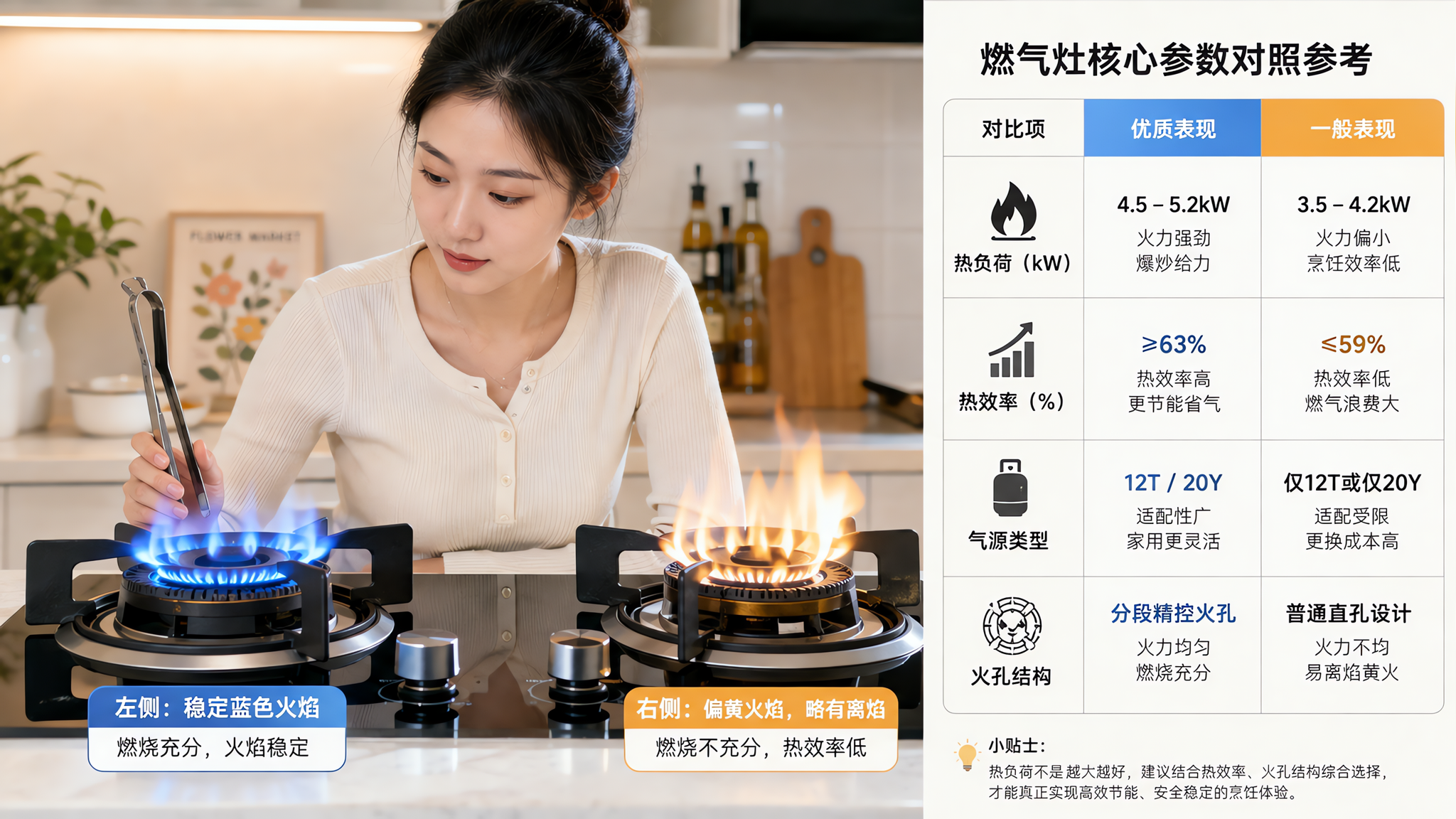 中国年轻女性在现代明亮厨房台面前,手持夹子对比观察燃气灶两侧炉头火焰形态,左侧为稳定蓝色火焰,右侧为