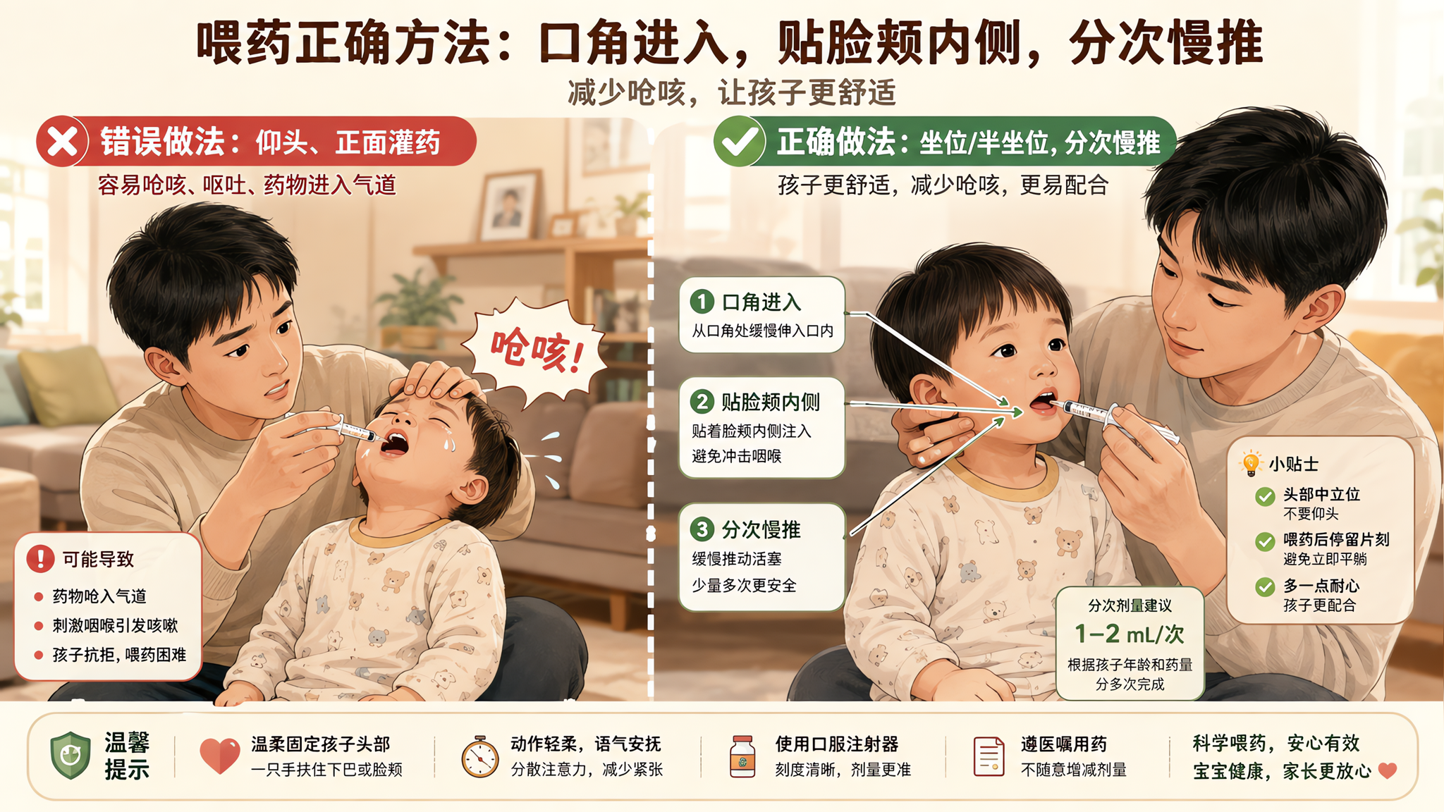 孩子喂药别再仰头硬灌：4步降呛咳误吸