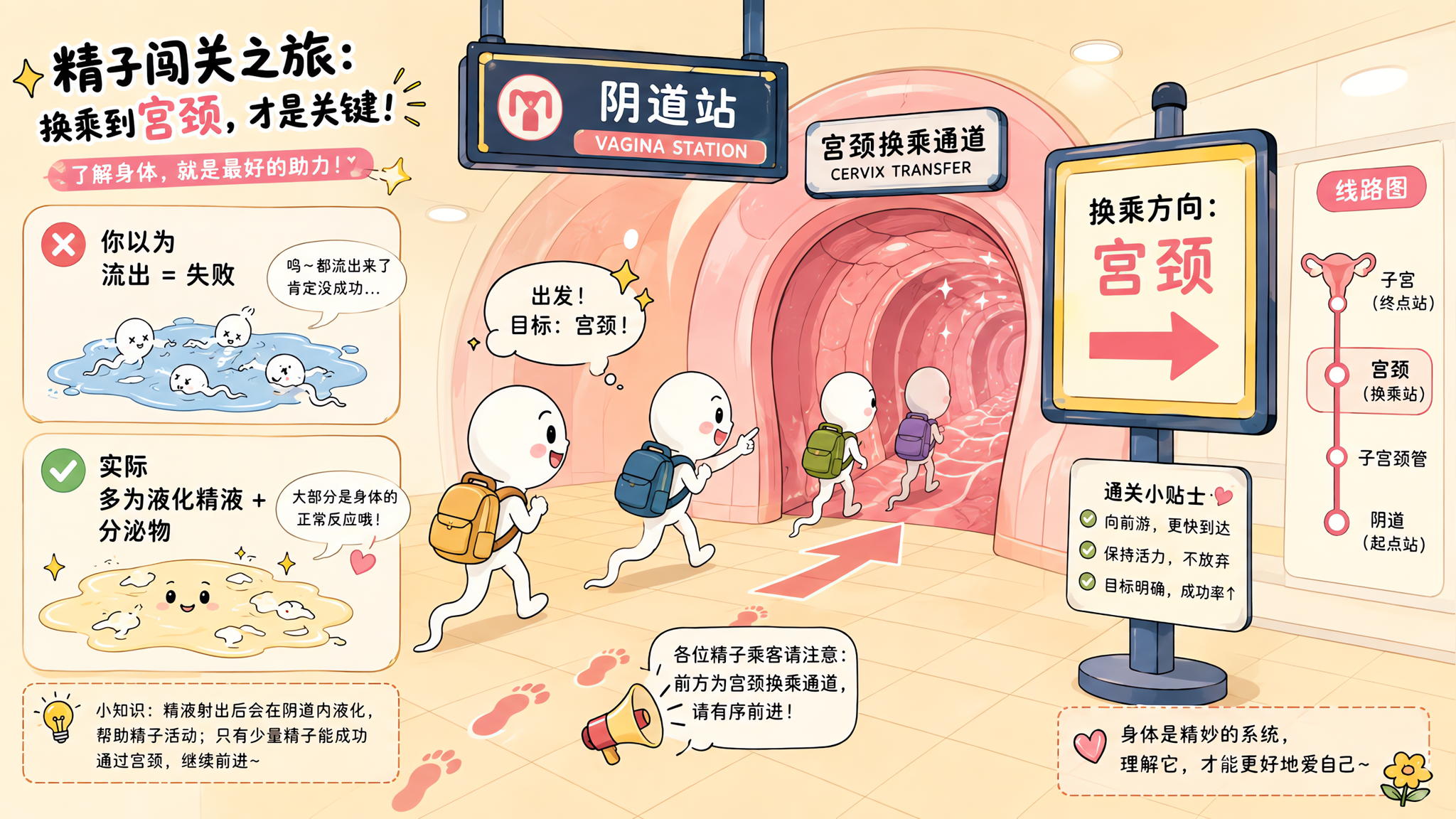 轻松搞笑手绘条漫风格插画,场景为简化的女性生殖道示意图被拟人化成“地铁换乘站”,核心主体为几只拟人化