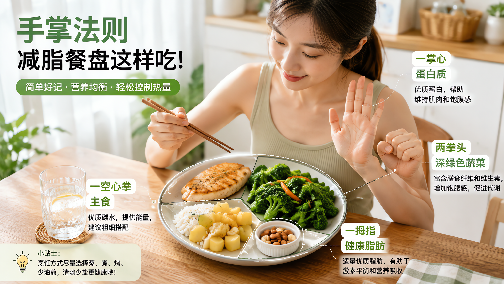中国年轻女性在家中明亮整洁的餐桌前,正用“手掌法”对照一份减脂餐盘配比,餐盘中清晰分区:一掌心蛋白质
