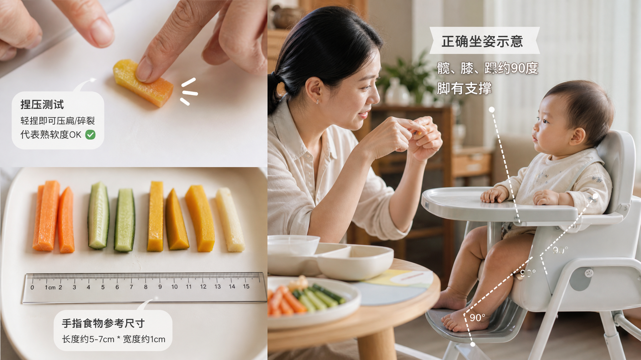 中国年轻妈妈在家庭餐桌旁进行婴儿辅食准备教学场景，桌面上有切好的指状食物（胡萝卜条、黄瓜条、南瓜条等