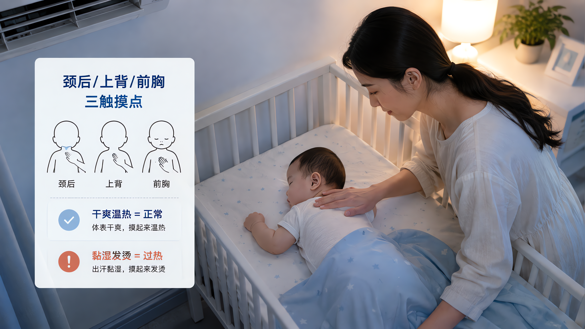 中国年轻妈妈在夜间卧室里用手轻触中国婴儿的颈后与上背进行体表触摸判断，婴儿躺在婴儿床内，旁边有一张极