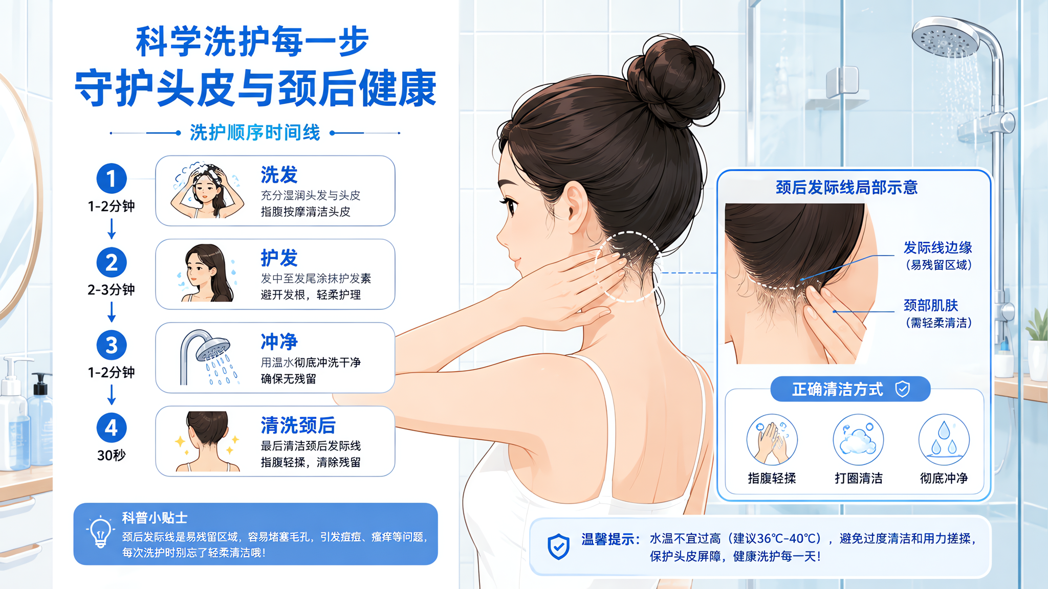 医学科普风格插画海报,场景为浴室洗护流程示意,中国年轻女性扎起头发站在淋浴间外侧,人物用手指轻揉清洁