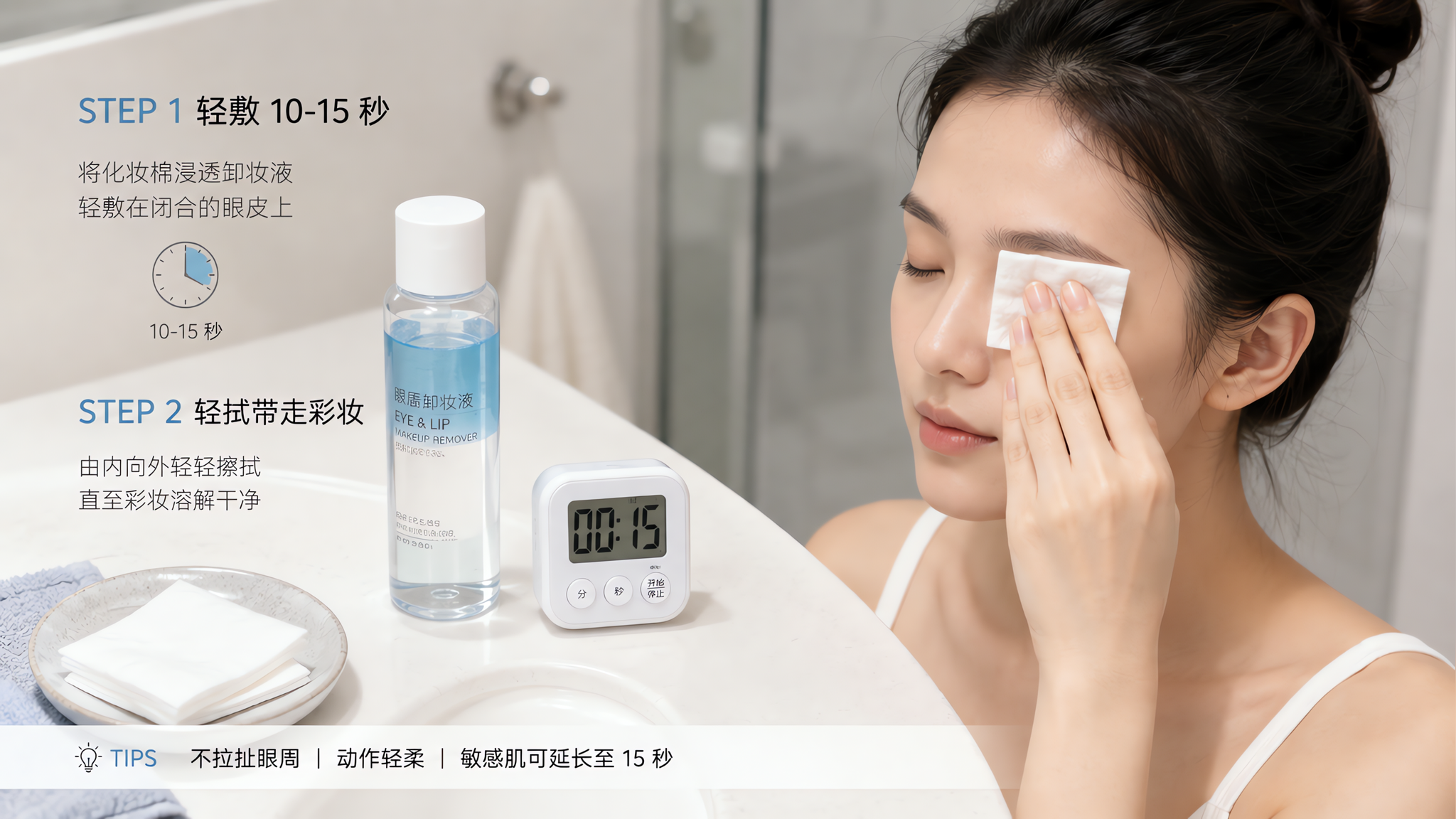 中国年轻女性在浴室洗手台前进行眼妆卸妆步骤分镜,人物手持化妆棉轻敷在闭合的眼皮上,旁边摆放透明眼唇卸