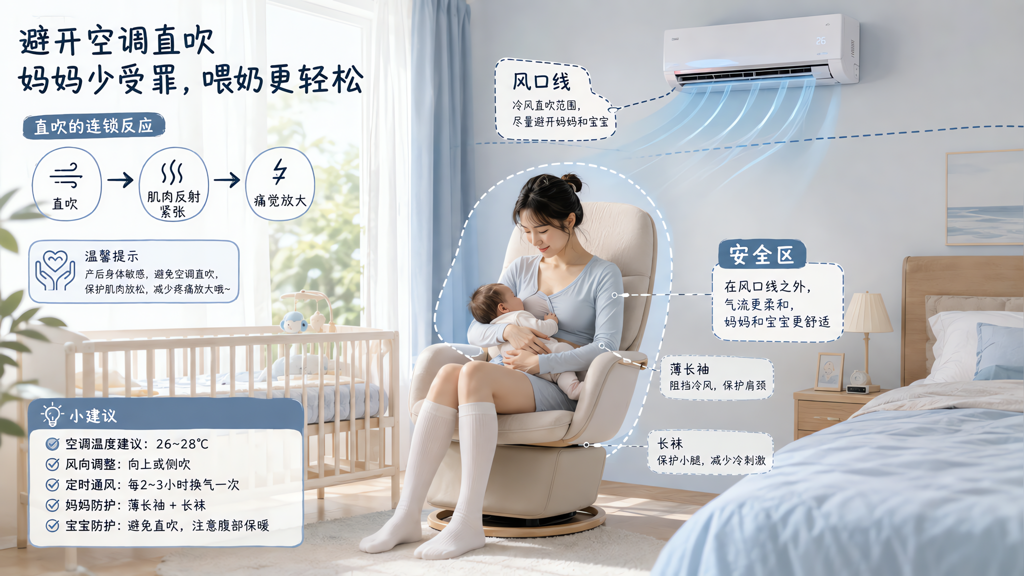 中国年轻产后妈妈在卧室里抱着婴儿坐在哺乳椅上,墙上有挂式空调正在送风,画面用手绘信息图叠加方式标出“