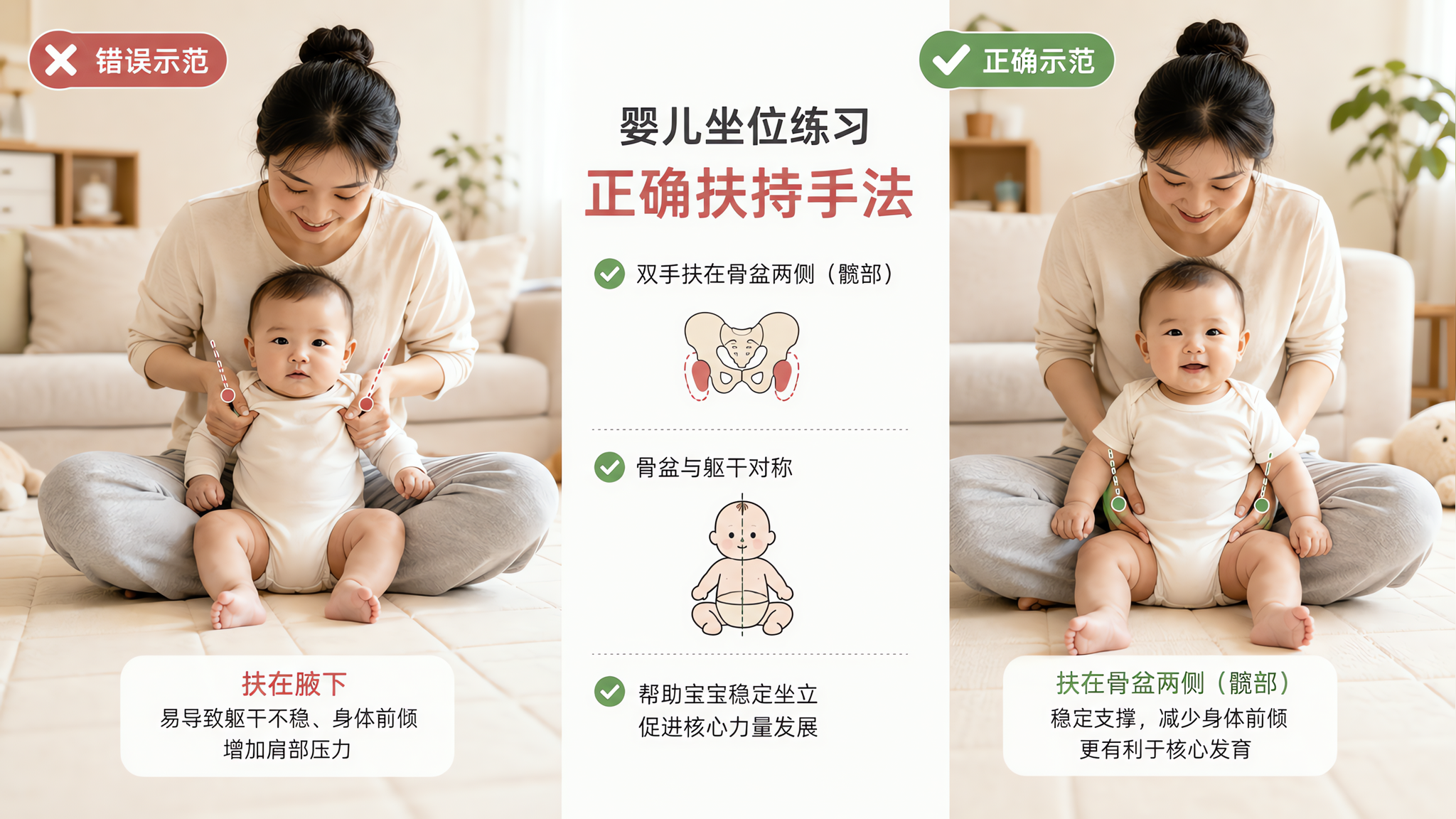 4-7个月一放坐就“折叠”？别堆枕头，先把骨盆扶对